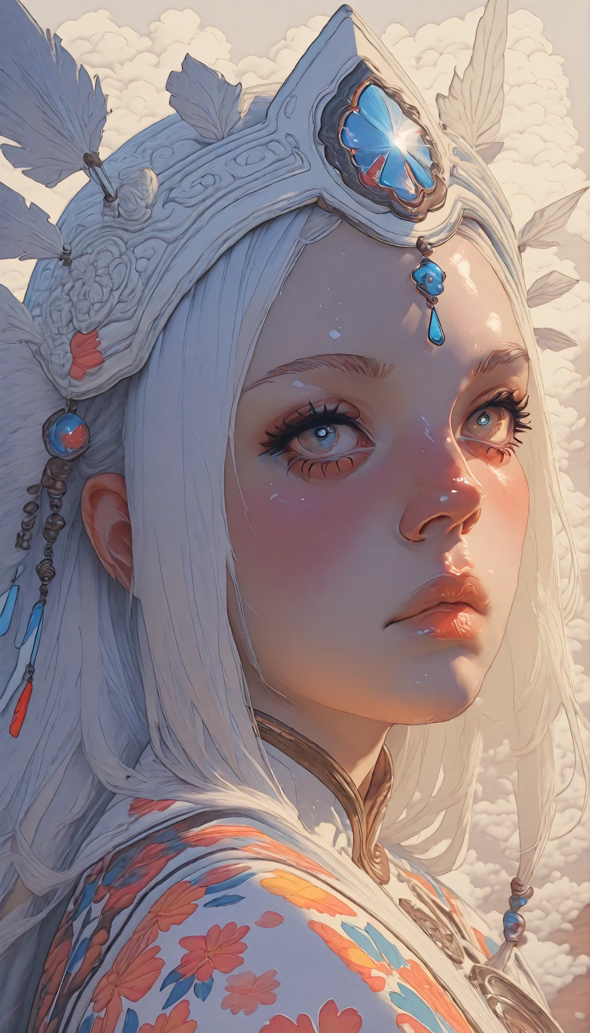 There is a woman with white hair and a colorful headpiece, realistic digital art 4K, realistic digital art , Stunning Anime Face Portrait, Beautiful Digital Art, 4K High Definition Digital Art, shiny digital painting, 8K High Definition Detailed Art, 8k real digital art, Detailed painting 4k, amazing digital illustration, Portrait of Rosdrow, beautiful digital illustration