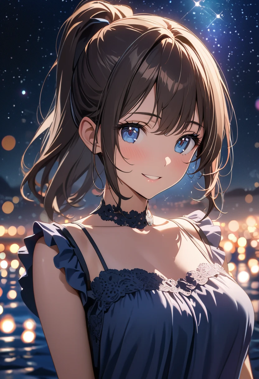 (Best Picture Quality, 4K, High Quality, Masterpiece:1.2), ((Masterpiece)), High Detail, High Quality, (HDR,16k, RAW Beautiful Girl Portrait, Best Picture Quality, Masterpiece:1.2), (Ultra-Definition Illustration), (:1.2), showing armpits, open , Sit with your knees up, widely , race , wet , idolmaster, idol costume, on the live concert stage, young teen, spotlight,Generate an image of an anime idol, (dark navy blue short straight bob hair) Make your eyes a deep blue。, extremely cute, sleeveless, detached sleeves, (orange gorgeous frilled dress with lots of flower stitches:1.3), do not use black on dress, tiara, pantyhose,