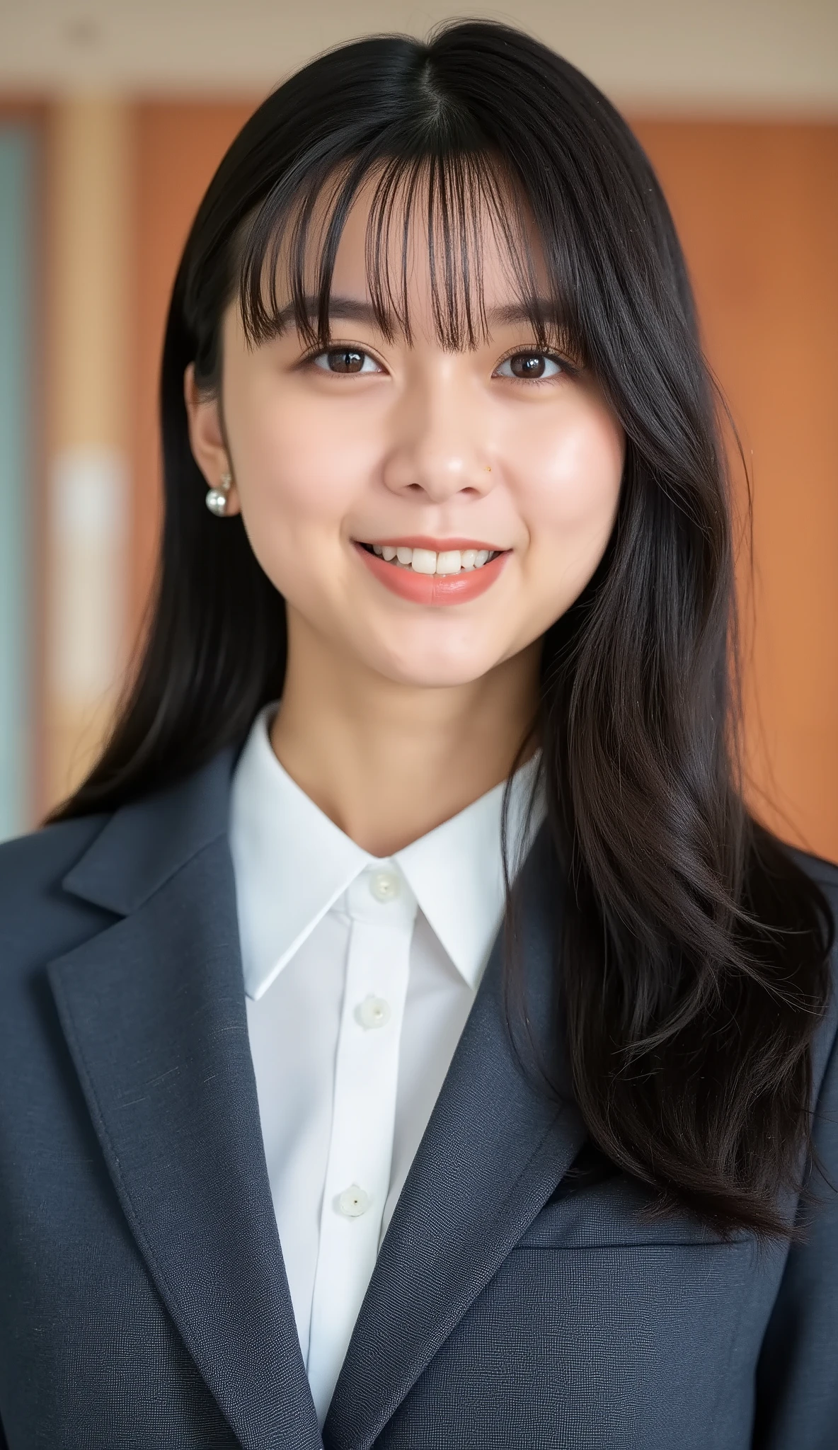 Neat Young Woman、looking at the camera、office lady suit、jacket、shirt、耳にピアス、、、、smile showing teeth、face close-up、The background is office