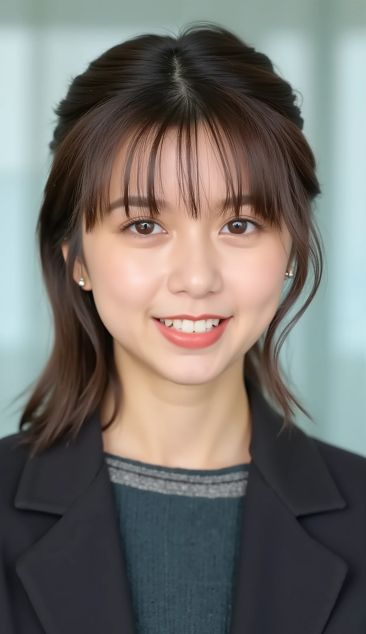 Neat Young Woman、looking at the camera、office lady suit、jacket、shirt、耳にピアス、、薄い茶髪、、smile showing teeth、face close-up、The background is office