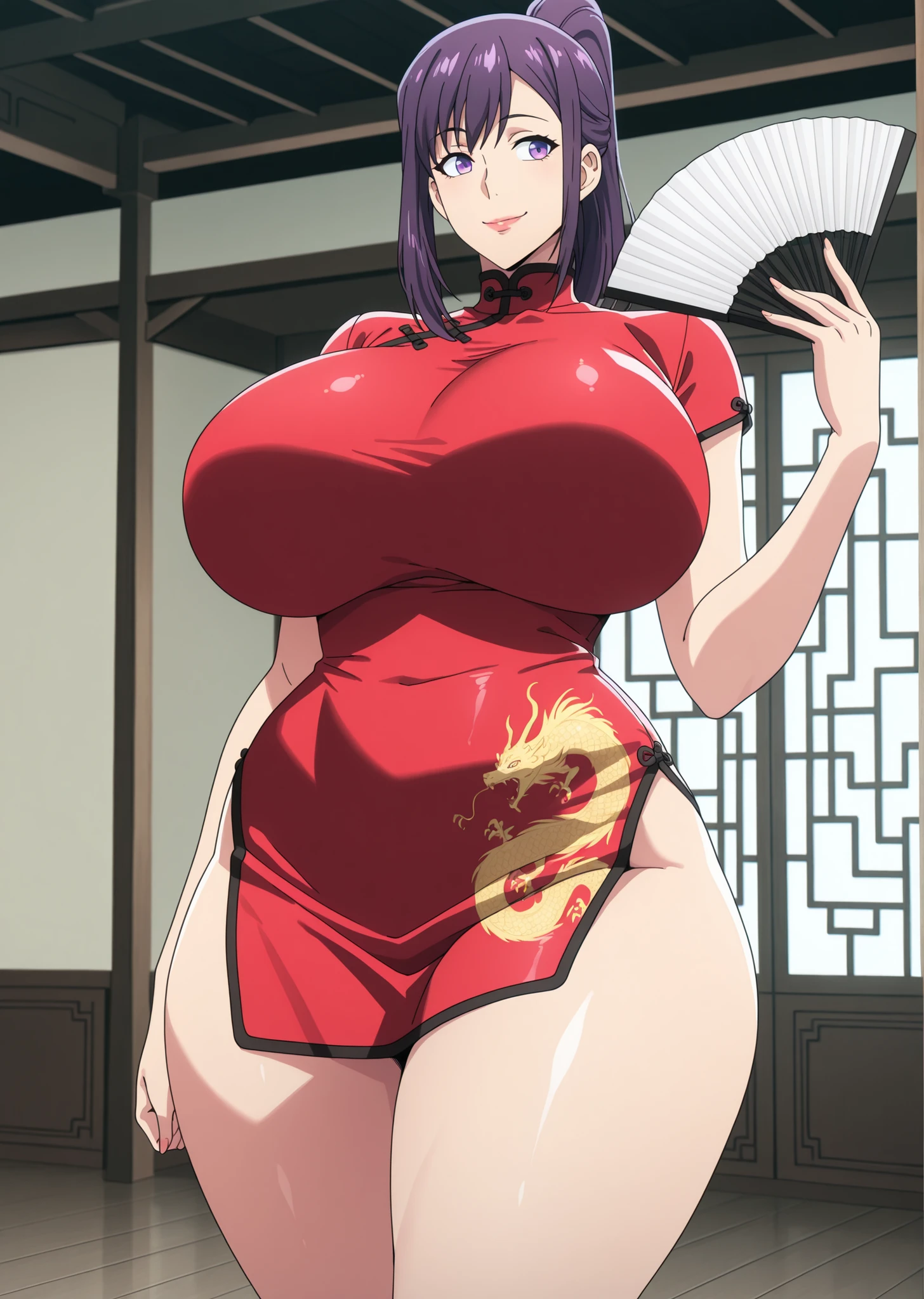 anime screencap, masterpiece, best quality, jin-ah, 1girl, Mature Female, purple eyes, purple hair, ponytail, sidelocks, attractive face, detailed face , ractical body shape, glamorous bodies, attractive bodies, motherly, big Curvy, Slutty, Neat, huge breasts, big buttocks, wide Butt, thick thighs, ((short dress , china dress , turtleneck , curvy, holding folding fan1,)), smile, Lips, view detailed body, (((Sexy,))), east asian architecture,