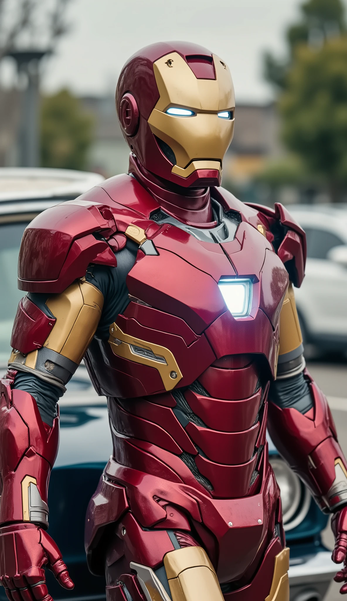 Ben AFFLECK as Iron Man
Metallic red armor with polished gold details. and red helmet with gold details
Reactor on the chest shining in blue with gold frame.
Wide shoulder pads with sharp gold edges.
Microplate details all over the armor.It is leaning on an old car, fotografia realista, soft natural lighting, cinematic style, ultra detailed at 64k
