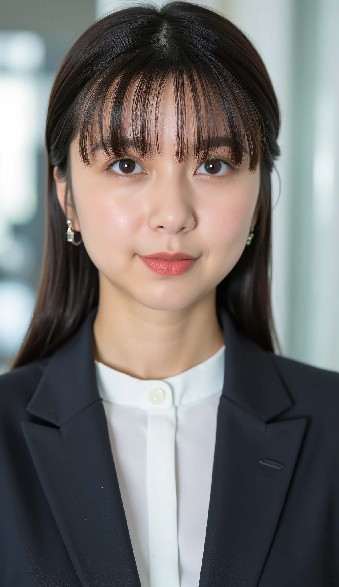 Neat Young Woman、looking at the camera、office lady suit、jacket、shirt、耳にピアス、、無表情、、face close-up、The background is office