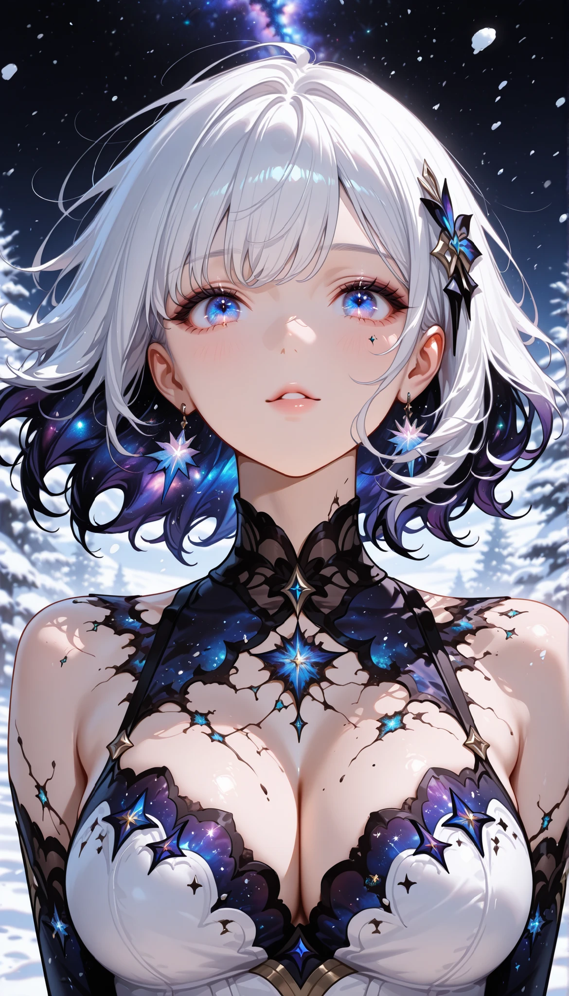 (​masterpiece、top-quality、top-quality、Official art、Beautifully Aesthetic:1.2)、(1girl, upper body)、ighly detailed、(Fractal Art:1.3)、colourfull、highestdetailed、dynamic compositions、Poses in motion, snow theme, galaxy

