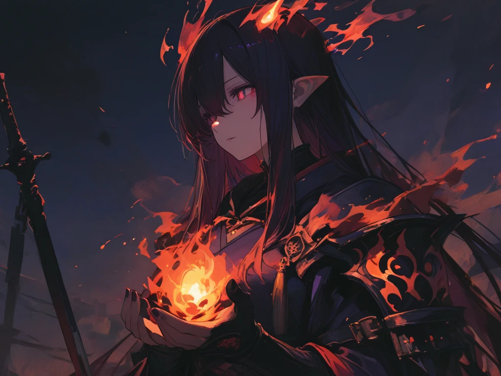 1woman, elven ears, darkness god, fire black hair, straight hairstyle, glowing red eyes, black roses field, fire wings, war goddess, elegant thai warrior,