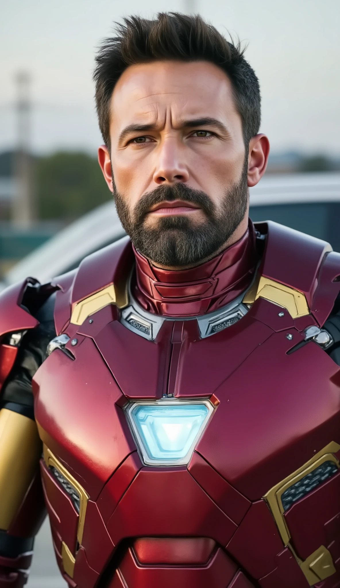 Ben AFFLECK as Iron Man
Metallic red armor with polished gold details.
Reactor on the chest shining blue with gold frame.
Wide shoulder pads with sharp gold edges.
Microplate details all over the armor.It is leaning on an old car, fotografia realista, soft natural lighting, cinematic style, ultra detailed at 64k