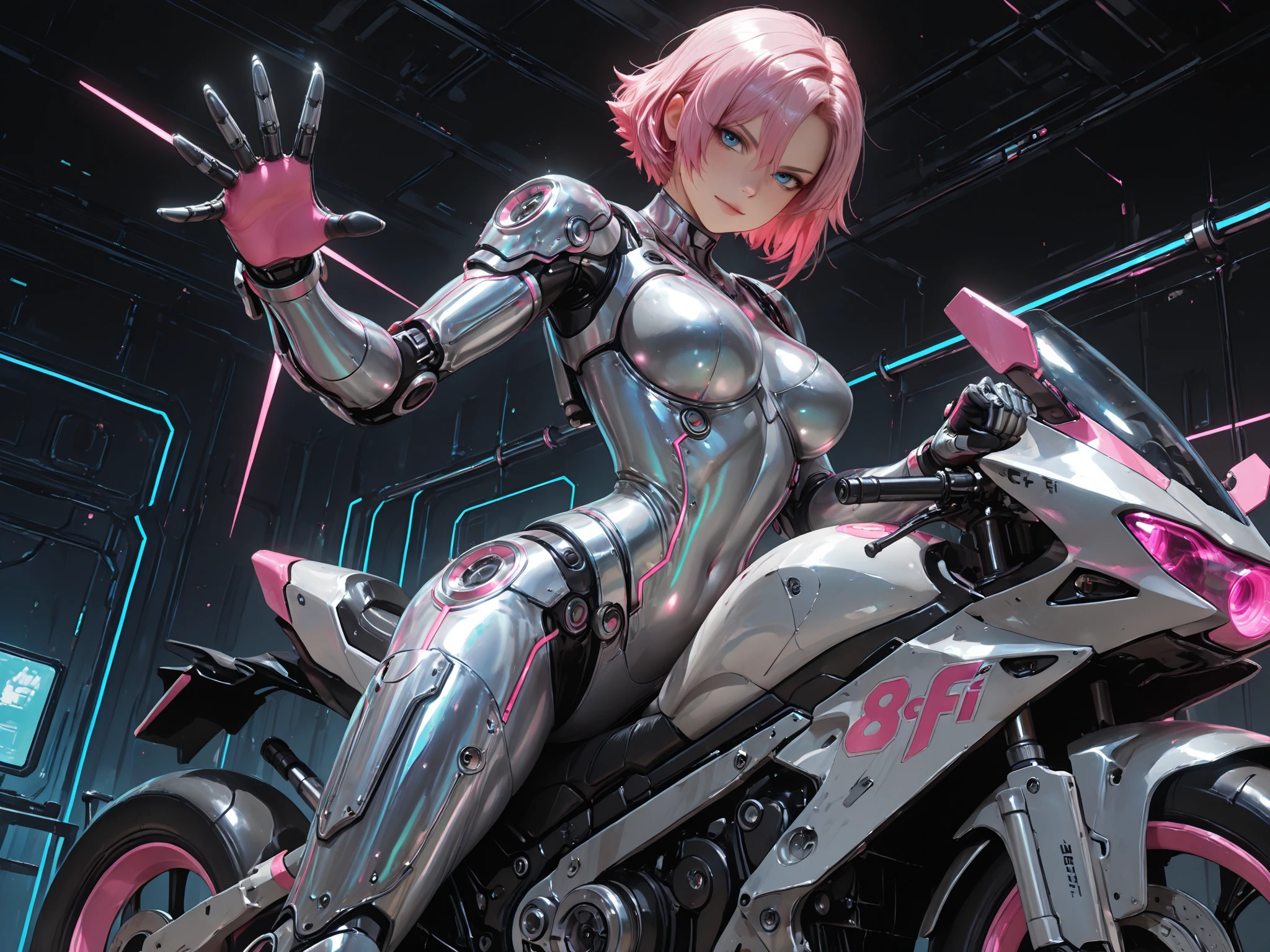 (Extreme Detail CG Unity 8K Wallpapers，tmasterpiece，Highest image quality)，(Delicate light and shadow，The picture is highly dramatic，Cinematic lens effect)，A girl in a white Spider-Man costume sits on a white motorcycle，Silver-gray hair color，White motorcycle，From the Spider-Man parallel universe，Wenger，Marvel，Spidey，sitting on the motorcycle，dynamicposes)，(Exceptional detail，The lighting effect is outstanding，Vista wide angle)，(Excellent rendering，Enough to stand out from the crowd)，The focus is on the white Spider-Man costume，Complex spider textures