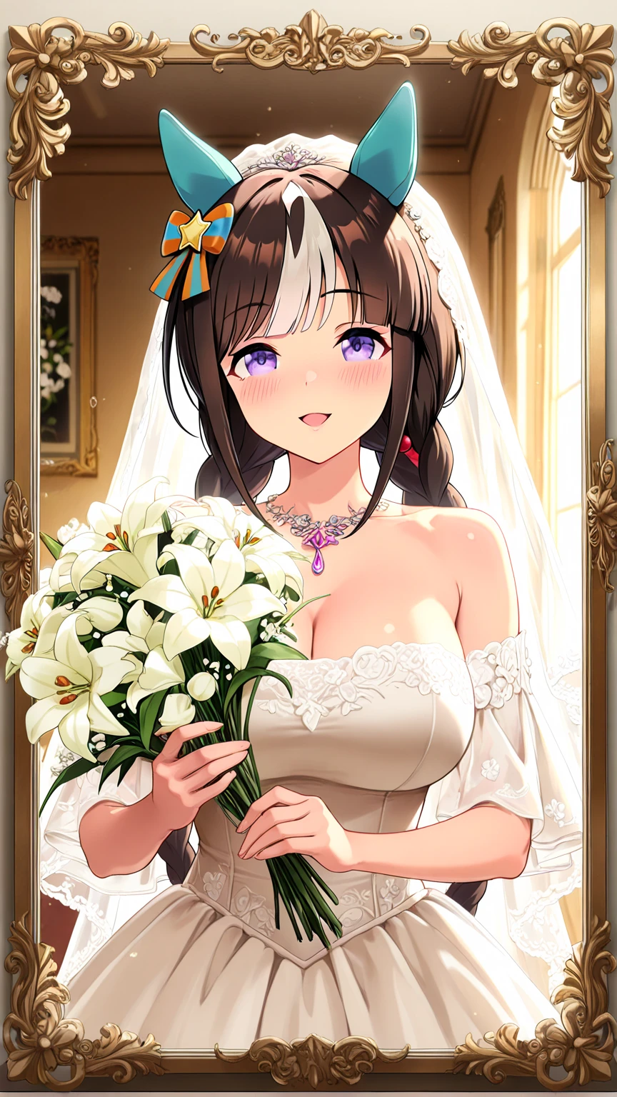 mejiro_bright_(umamusume) wearing a white wedding dress, tiara, wedding veil in front of face, wedding bouquet