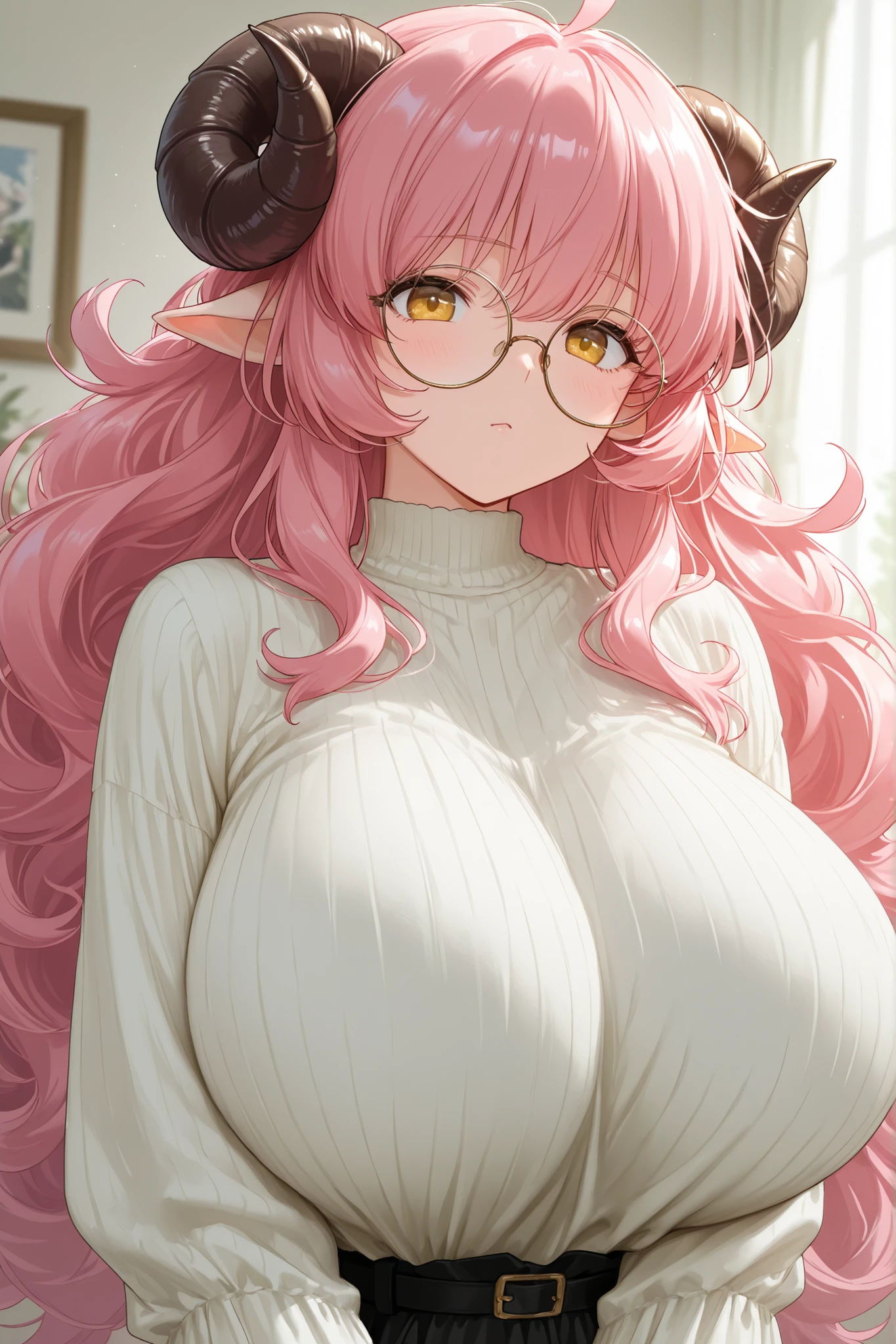 1 girl, long hair, fluffy hair, pink hair, giant , pointy ears, sheep horns, round glasses, casual clothes,