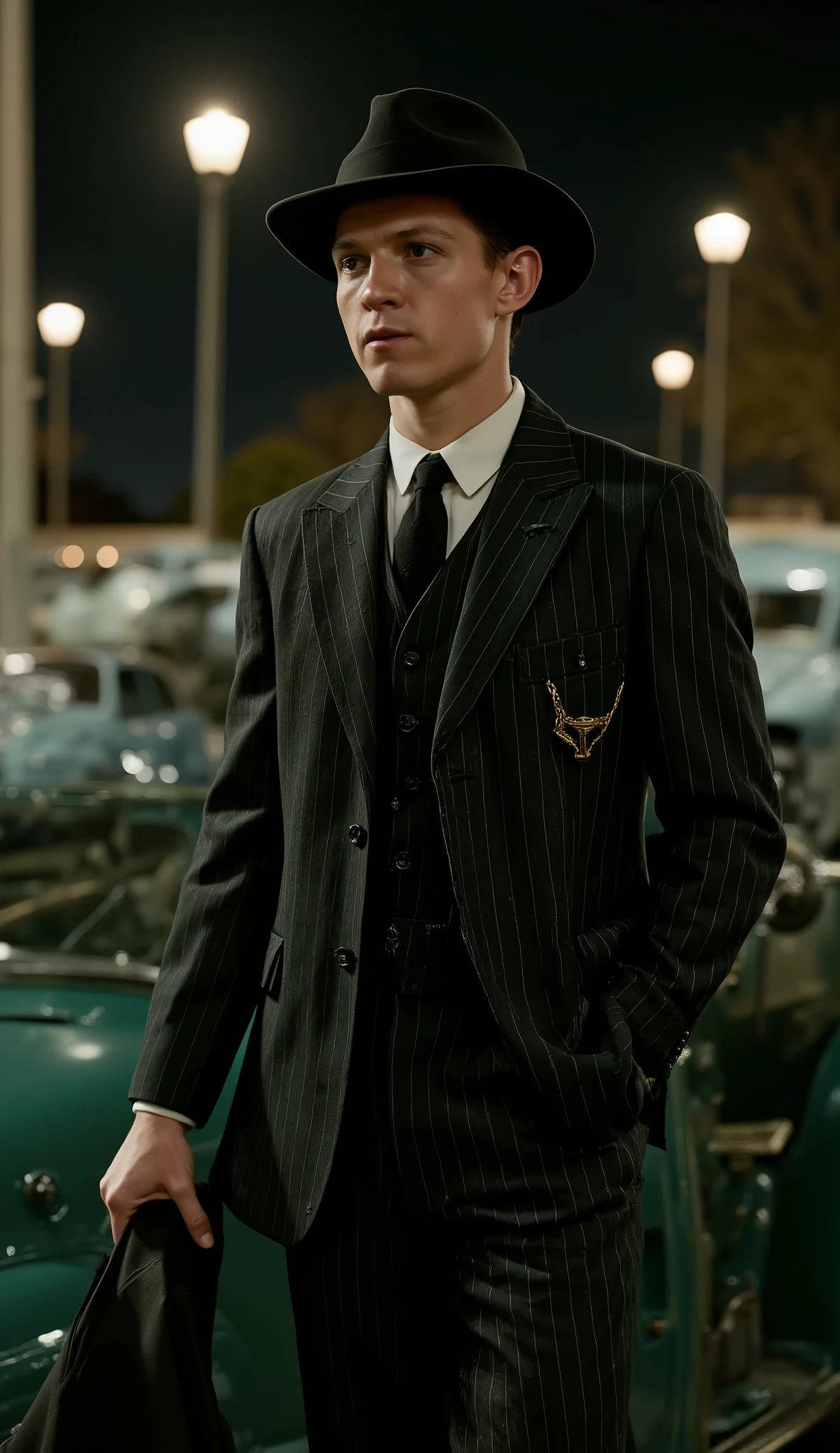 Tom Holland in the 1930s mob style, wearing a striped black chalk suit with vest, gold watch chain on the pocket, classic black hat, elegant dark tie. He is leaning against an old green car on the street illuminated by poles at night, dark and cinematic atmosphere in 64k