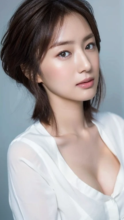 ((highest quality, 8K, masterpiece: 1.3)), sharp focus: 1.2, Beautiful Japanese woman with perfect style: 1.4, thin abs: 1.2, Random hairstyles for short hair or updo、black hair, open your white shirt,cleavage、??????, Highly detailed face and skin texture, fine eyes, ????? up