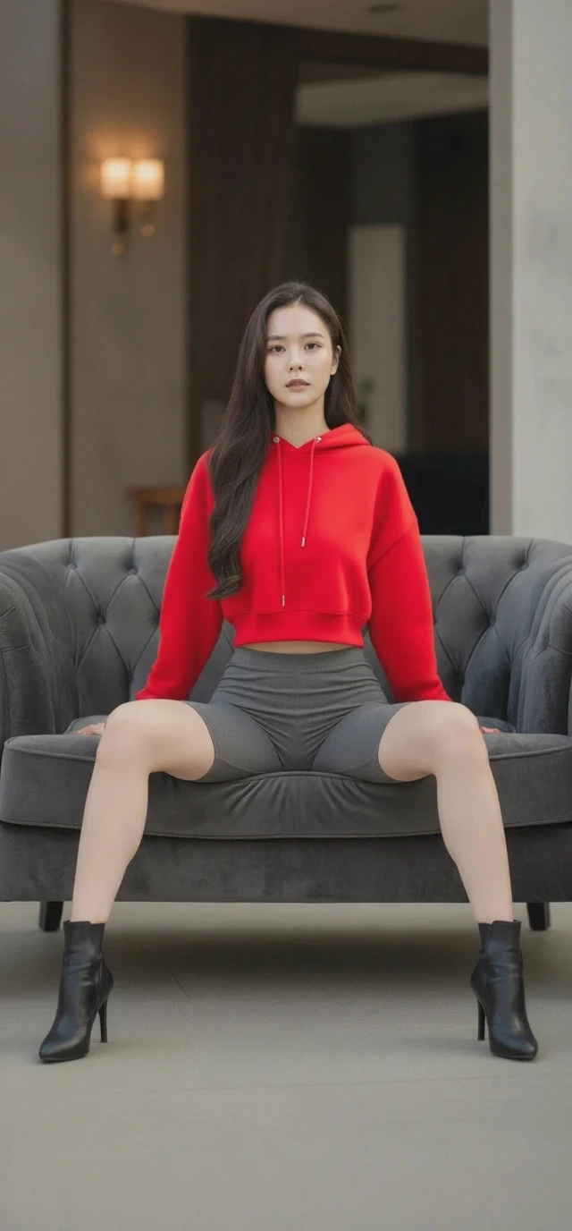 (dining room: 1.3), exercise well, Sports long sleeves，red leotard，Yoga pants,red-skinny pants: 1.0), Long gray hair , (actual: 1.4), (Best quality: 1.0), (Hyper-Resolution: 1.0), 8K, RAW photo works: 0.2), ultra - detailed, 1 girl, pale-skinned, delicate skin, looking at viewert,dining room, face expressionless,