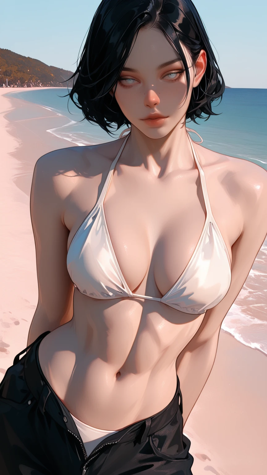 masterpiece,best quality, official art, extremely detailed CG unity 8k wallpaper, ((top quality, 8k, masterpiece: 1.3, ultra hd, high quality, best quality, high definition, ((realism)), sharp focus: 1.5,（Very detailed CG unity 8K wallpaper), Dark Cinematic Lighting, cinematic lighting, sooahdef \(Secret Class\), ?????????????, fair skin,?????? bra), Looking at the viewer,beach background, The best quality, black hair, sweaty body, blue eyes,full body, cleavage, collarbone, 3:4, pov eye contact, embarrassed, shy, blushing, bob_cut, short hair, front view, arms above head, show both armpits, sweaty body, sweaty face, seductive smile, earrings