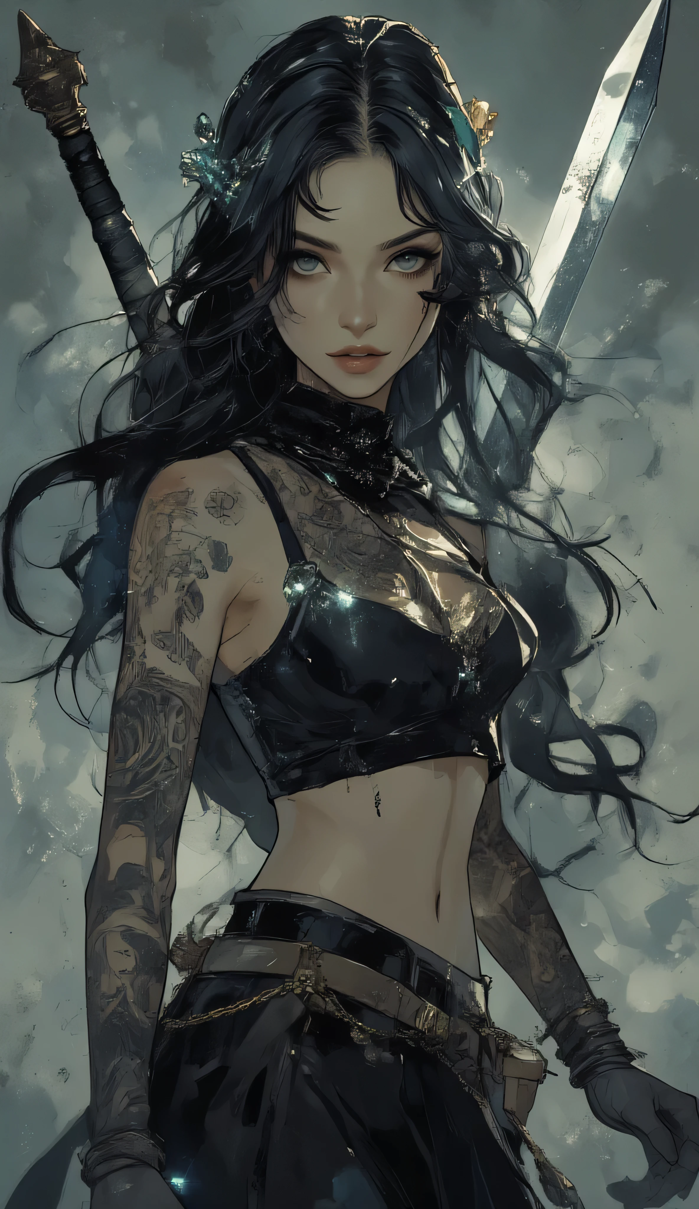 A hyper-detailed digital illustration of a woman with long, flowing black hair adorned with tiny glowing crystals that shimmer faintly. She has fair skin, a slender, athletic build, a visible navel piercing, and intricate tattoos covering her arms and torso. She wears a black, sleeveless top exposing her midriff, paired with a black skirt. Her expression is intense, with a faint, enigmatic smile. Behind her, she holds two long, razor-sharp swords crossed, their hilts decorated with ornate carvings and subtle glowing accents. The background is a gradient from deep gray to pale gray, veiled with faint mist and drifting smoke, creating a mystical and ethereal atmosphere. Every texture is finely rendered: the softness of her hair, the smoothness of skin, the metallic roughness of the swords, and the delicate glow of the crystals. The muted palette of grays, blacks, and whites enhances the gothic fantasy tone. The artwork has cinematic depth, strong contrast, and dynamic movement, blending fantasy and gothic elements with hyper-realistic painterly detail, in the same visual style as a high-end concept art illustration.