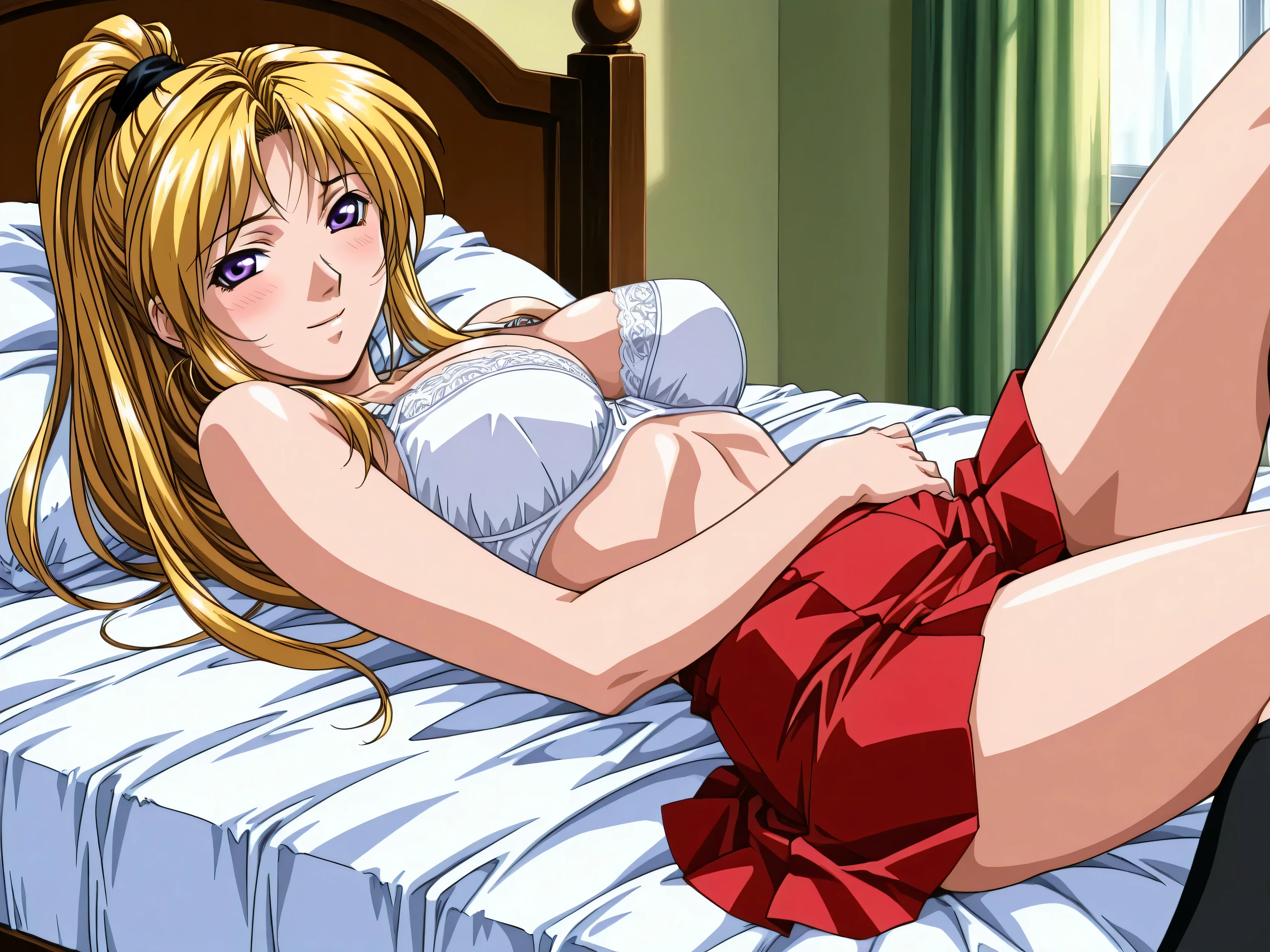 retro_artstyle,score_9, score_8_up, score_7_up, score_6_up, score_5_up, score_4_up, (masterpiece:1.3), best quality,source_anime,clip skip:2,light smile,(28 years old:1.4),from side,(mature female:1.3),成熟した大人の女性, (vivid color:1.3),slender face,high school students,alone,saeki,1girl,blonde hair,ponytail,purple eyes,, white bra,, (red skirt ),(black thigh-length socks:1.2), cowboy shot,white line socks,bed,on back,tsurime,,large breasts,embarrassed,blush,