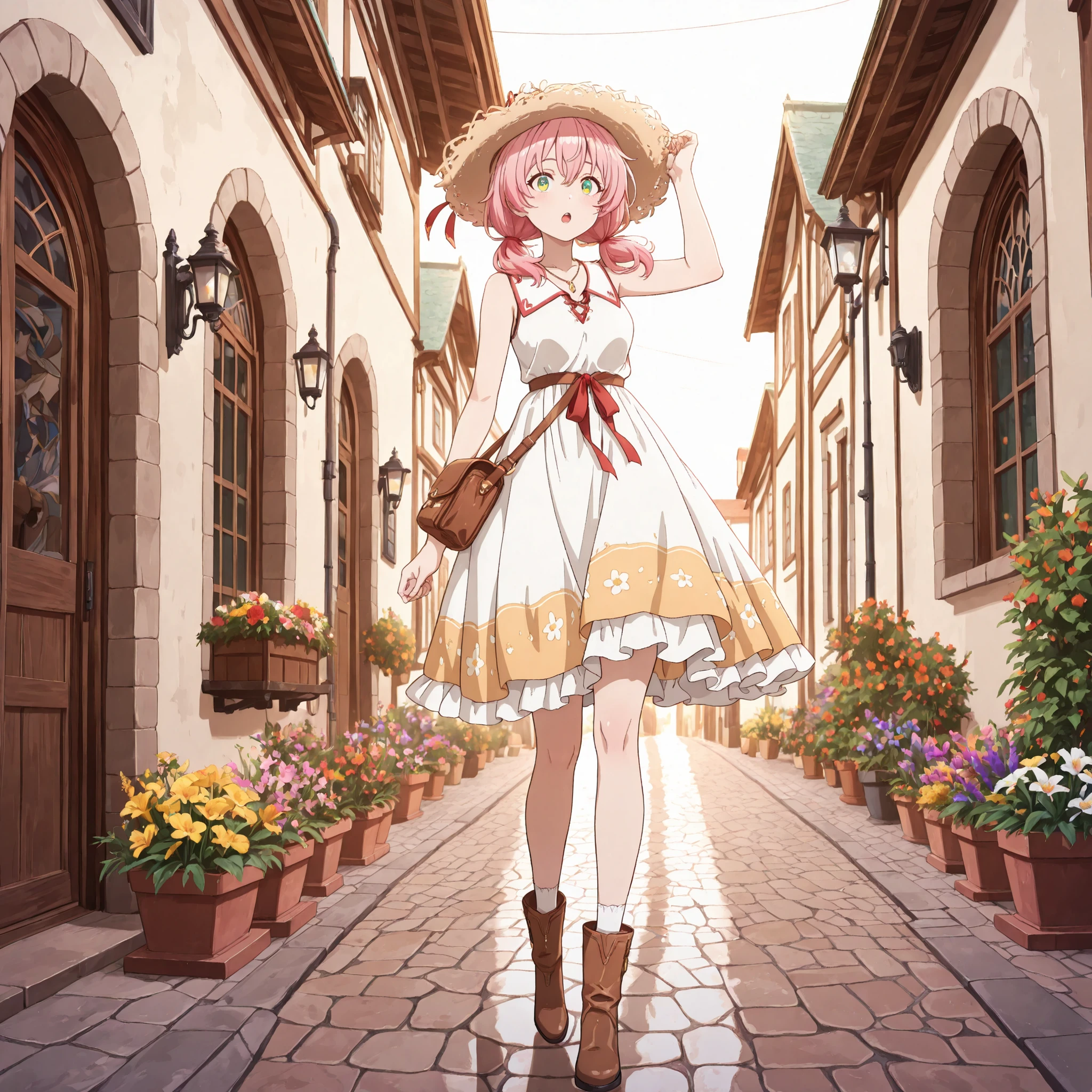 Fullbody, best quality, amazing quality, masterpiece, absurdres, ultra detailed, high quality, high resolution, high definition, detailed eyes, anime eyes, high detail eyes, multicolored iris, detailed iris, anime style, Yui (Yuusha Party wo Tsuihou sareta Shiromadoushi), short twintails, pink hair, green eyes, hair ribbon, red ribbon, solo travel, journey of freedom and discovery, standing on a cobblestone street in a picturesque European village, looking at a map with a curious and excited expression, wearing a cute and comfortable outfit perfect for exploring: a light yellow sundress with a delicate floral print, a straw hat with a ribbon that matches her hair ribbon, white ankle socks with lace trim, and brown leather walking boots, carrying a small crossbody bag, background features charming old buildings with flower boxes and a distant view of rolling green hills, golden hour lighting, sense of wanderlust.