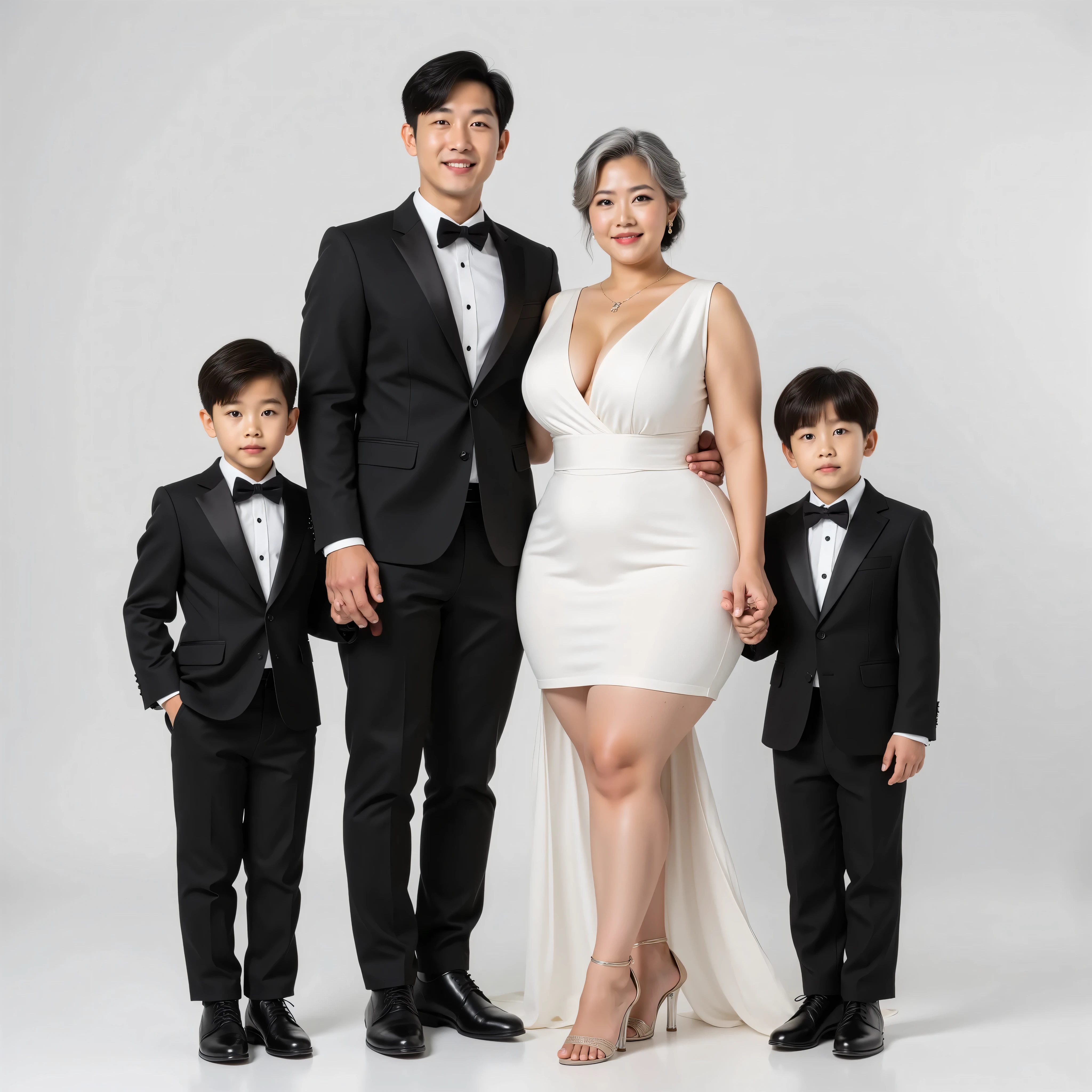 A stunning high-resolution photograph of 7 family member.1 father aged 25. 1 mother aged 56. 5 twin sons aged 6 same all. perfectly composed ((The father, a 25-year-old young skinny man, black hair, stands tall in a sleek black suit)).(( His wife, a 56-year-old, stands gracefully , dressed in a SHORT luxurious white gown and transparent glass-heels, she is an Asian attractive mature woman with a provocative curvaceous body, and has a figure with prominent curves, a plump with perfect proportions curves, generous curves and plus-size, a body with an hourglass figure, her voluptuous wide hips harmonize with slender wasp waist, with wide legs and wide thighs well-shaped, and her butt in good shape, plump and shaped buttocks. She has characteristics typical of her age, slight wrinkles on her face and GRAY hair, long hair with an elegant vintage style hairstyle, has beautiful and fine facial features.)) .((Their 5 twin sons aged 6. 5 sons wears matching black tuxedos, exuding a sense of youthful sophistication)). Their gentle smiles and focused gazes at the camera convey a sense of connection and love. The light white background accentuates the family's warmth and bond, allowing each detail to be crisp and clear in the 8K resolution. they all was captured is a modern hyperrealistic cinematic style, captured on a full body overview, with hyperrealistic details and good focus quality.