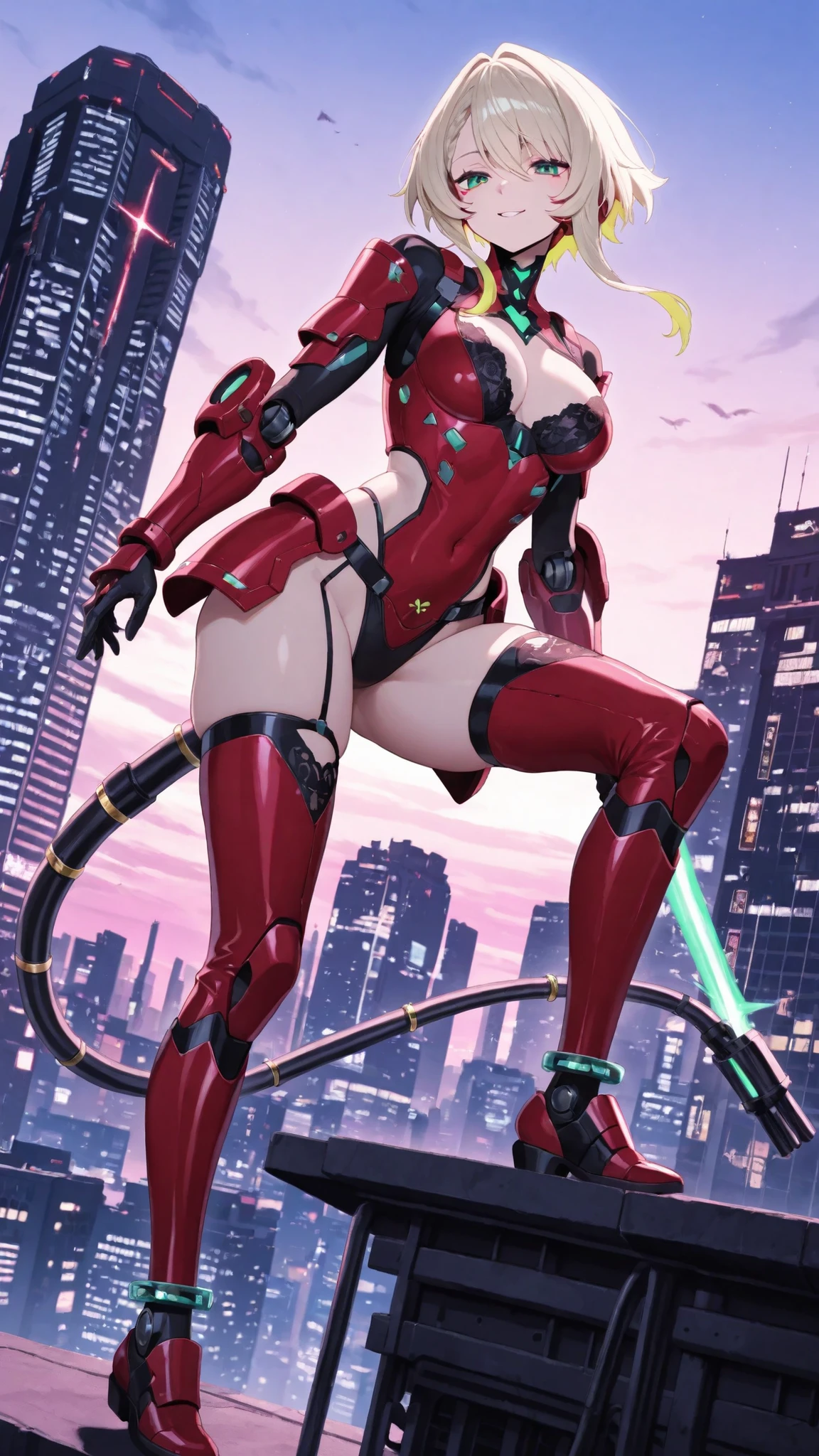 best quality、perfect detail、ultra high res、female type battle android、Long platinum blonde hair、Seductive Green Eyes、Sexy Smiles、White and Red Binding Bra Armor、High Leg Cut Lower Body Armor、Built-in Mega Cannon that Glows Blue on the Pigeon Tail、Emerald Embellished Ankle Ring、Transformable Beam Gatling for Both Hands、 combat preparation pose、Skyscraper Rooftop、Twilight Sky、Cyberpunk Technology、precise mechanical details