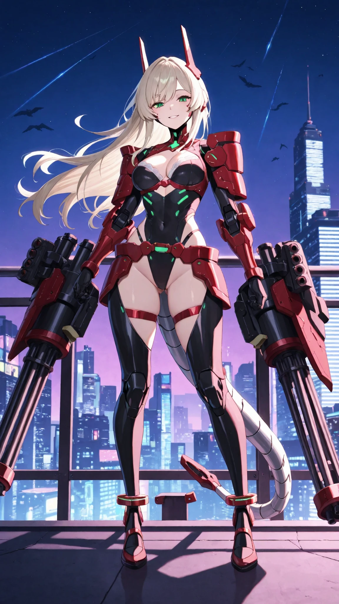 best quality、perfect detail、ultra high res、female type battle android、Long platinum blonde hair、Seductive Green Eyes、Sexy Smiles、White and Red Binding Bra Armor、High Leg Cut Lower Body Armor、Built-in Mega Cannon that Glows Blue on the Pigeon Tail、Emerald Embellished Ankle Ring、Transformable Beam Gatling for Both Hands、 combat preparation pose、Skyscraper Rooftop、Twilight Sky、Cyberpunk Technology、precise mechanical details