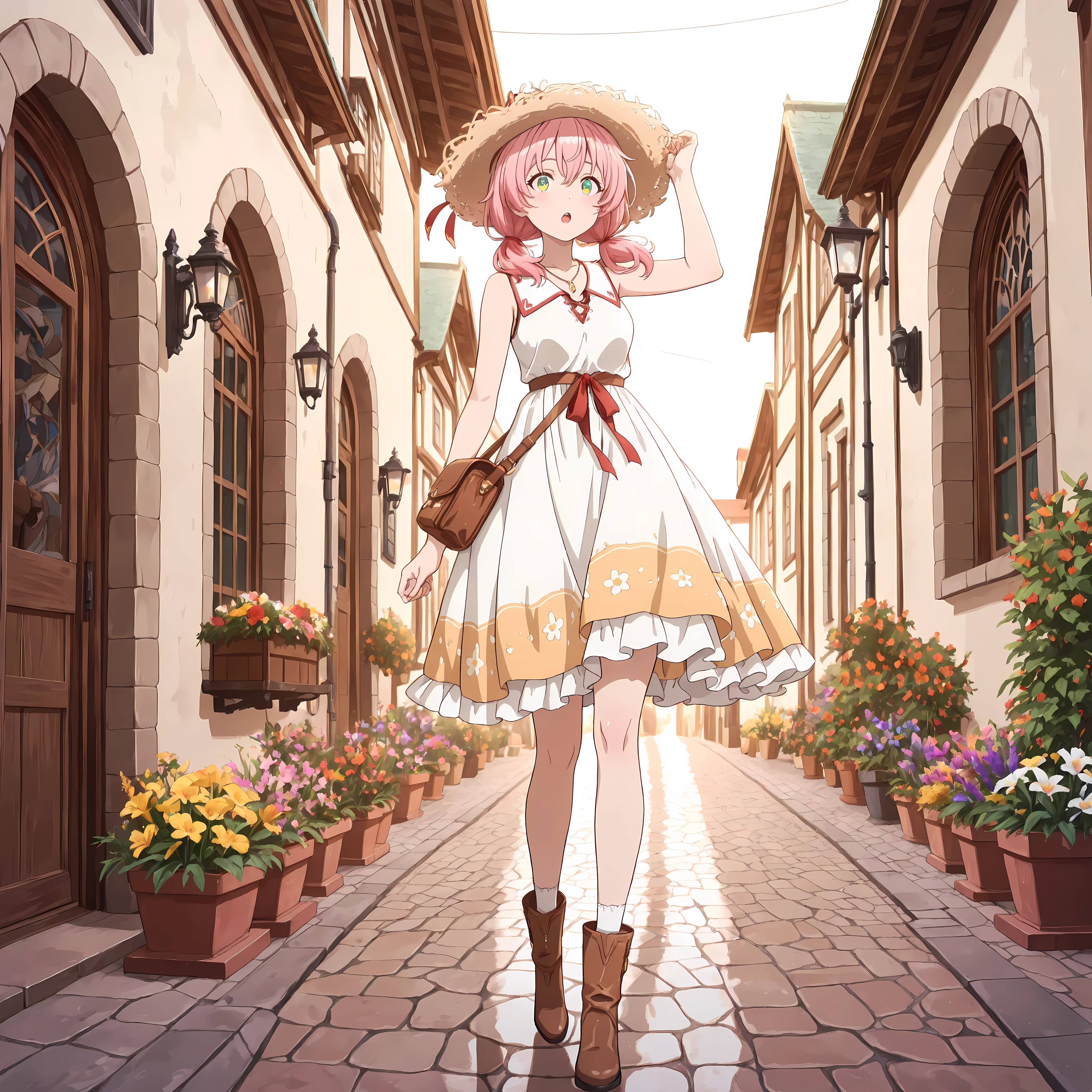 Fullbody, best quality, amazing quality, masterpiece, absurdres, ultra detailed, high quality, high resolution, high definition, detailed eyes, anime eyes, high detail eyes, multicolored iris, detailed iris, anime style, Yui (Yuusha Party wo Tsuihou sareta Shiromadoushi), short twintails, pink hair, green eyes, hair ribbon, red ribbon, solo travel, journey of freedom and discovery, standing on a cobblestone street in a picturesque European village, looking at a map with a curious and excited expression, wearing a cute and comfortable outfit perfect for exploring: a light yellow sundress with a delicate floral print, a straw hat with a ribbon that matches her hair ribbon, white ankle socks with lace trim, and brown leather walking boots, carrying a small crossbody bag, background features charming old buildings with flower boxes and a distant view of rolling green hills, golden hour lighting, sense of wanderlust.