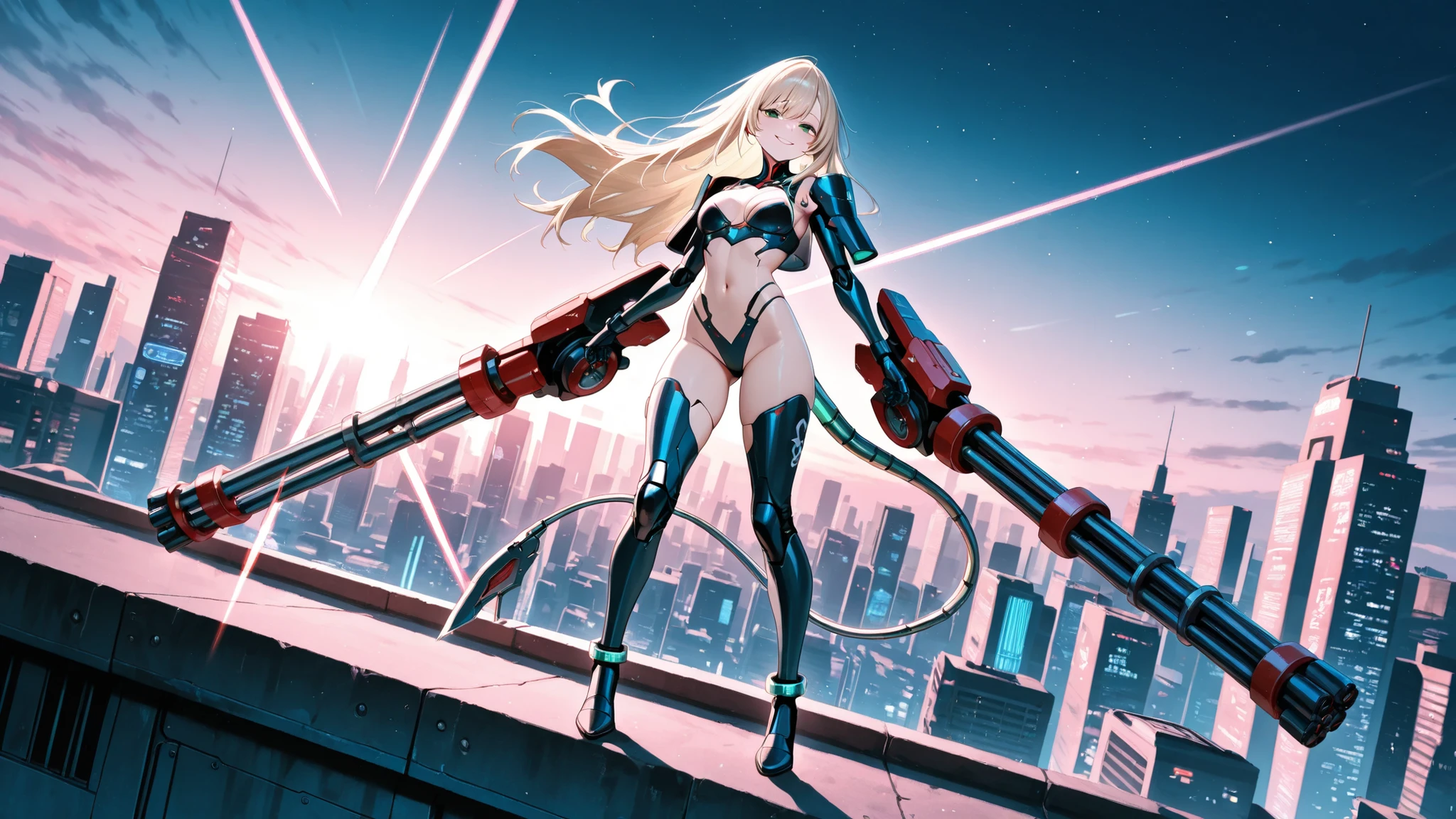 best quality、perfect detail、ultra high res、female type battle android、Long platinum blonde hair、Seductive Green Eyes、Sexy Smiles、White and Red Binding Bra Armor、High Leg Cut Lower Body Armor、Built-in Mega Cannon that Glows Blue on the Pigeon Tail、Emerald Embellished Ankle Ring、Transformable Beam Gatling for Both Hands、 combat preparation pose、Skyscraper Rooftop、Twilight Sky、Cyberpunk Technology、precise mechanical details