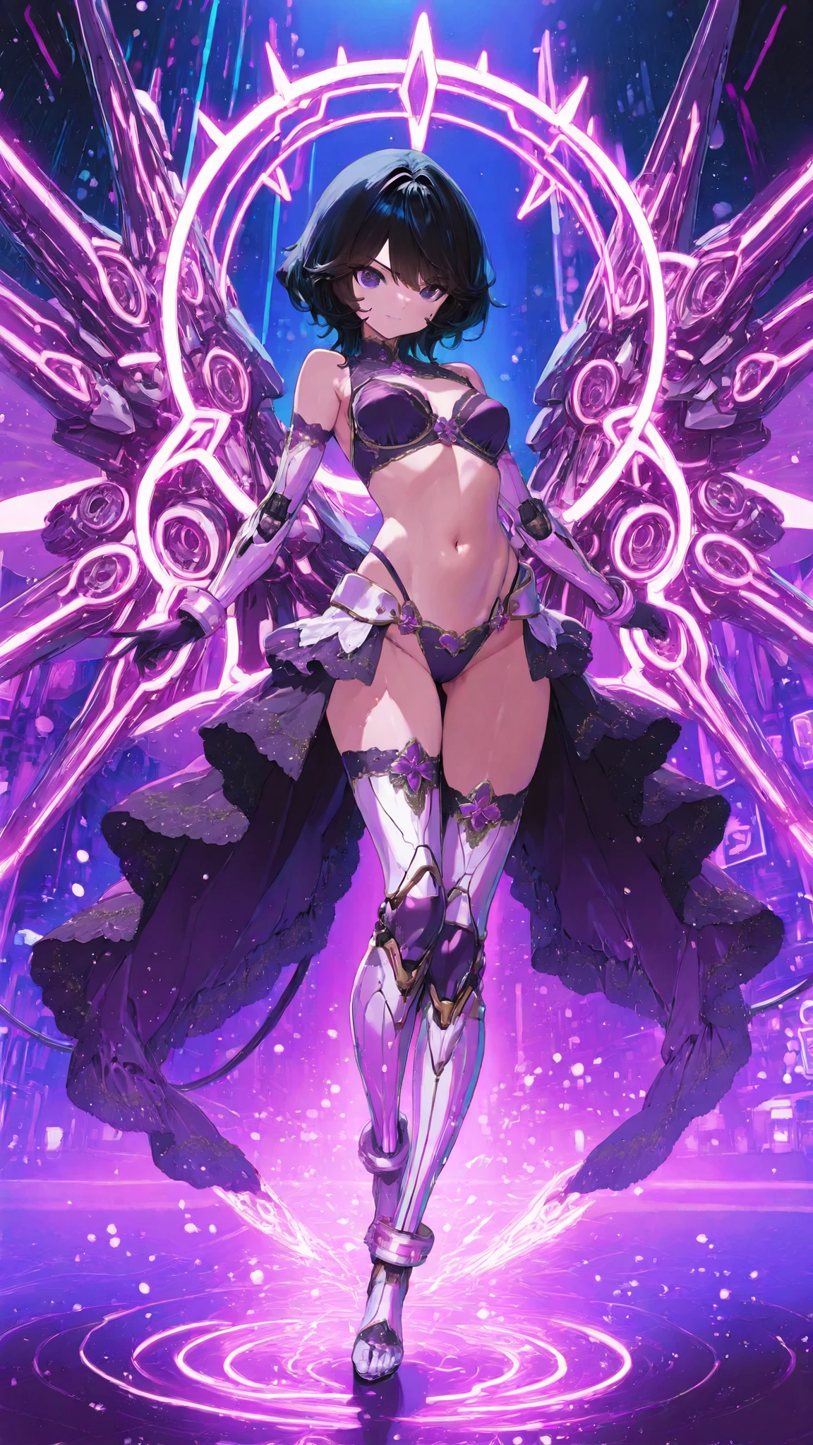 Superb quality 、Artwork、precise description、Cybernetic Female Warrior、Long Blonde and Black Hair Gradation、Sexy Bind Bra、White and Purple High Leg Armor、Shows Belly、Mega Cannon Shining on Pigeon Tails、Emerald Embellished Foot Ring、Beam Gatling on Both Arms、Battle Pose、Night View of a Future City、neon light、MECHANICAL DETAILS、8K resolution