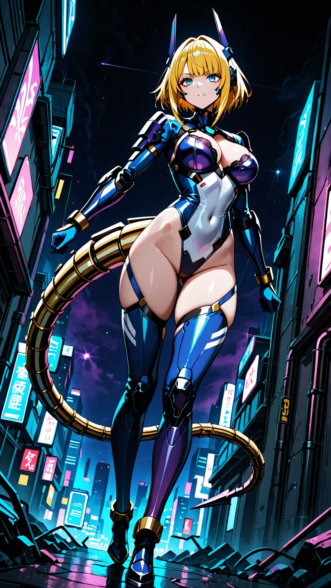 High Quality、masterpiece、最High Quality、Female Android、blonde long、Blue Eyes、sexy expression、binding bra、super high leg cut armor、 White and blue bodysuit、Exposing Battle Outfit、small mega cannon built into the pigeon tail、emerald foot ring on thigh、beam gatling equipment、futuristic background、Cyberpunk City、Blue and purple lighting、MECHANICAL DETAILS、high resolution rendering