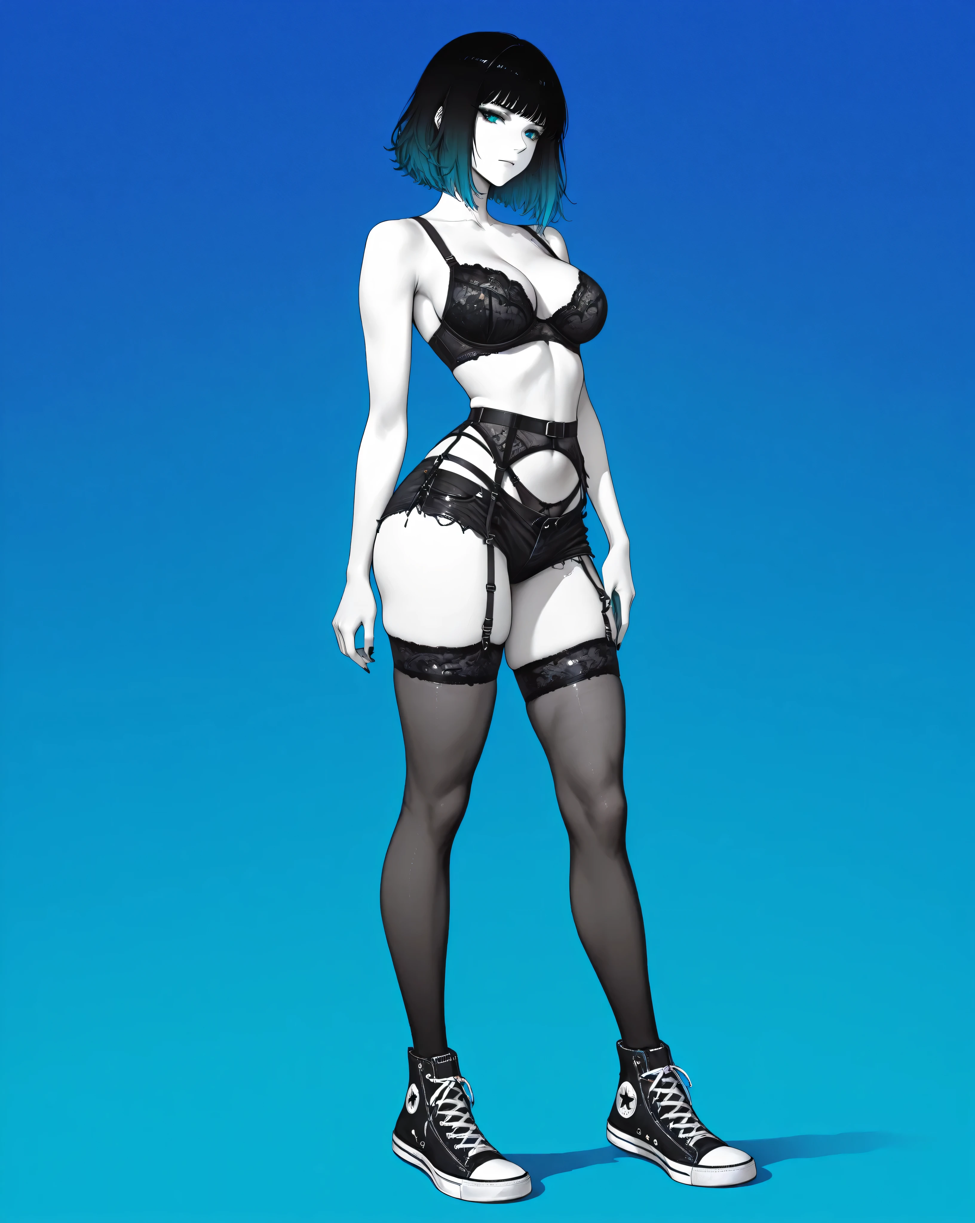 f3tishl1ngerie,f3tishl1ngerie, black bra, black thong, black garter belt,,,woman,sexy harnesses, black cut off shorts, converse sneakers,illustration,gradient,spot color,blue,green.