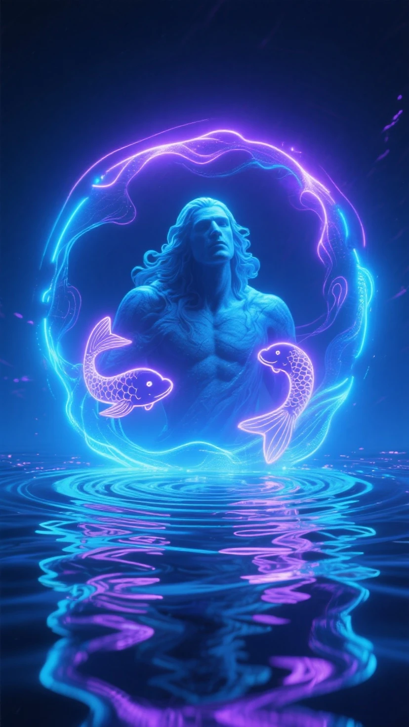 "A majestic representation of the zodiac sign Scorpio, embodying the element of water and the scorpion. In a mythical realm named Pluto, this powerful male deity stands adorned in elegant white attire, with vibrant purple hair complementing his godly features."