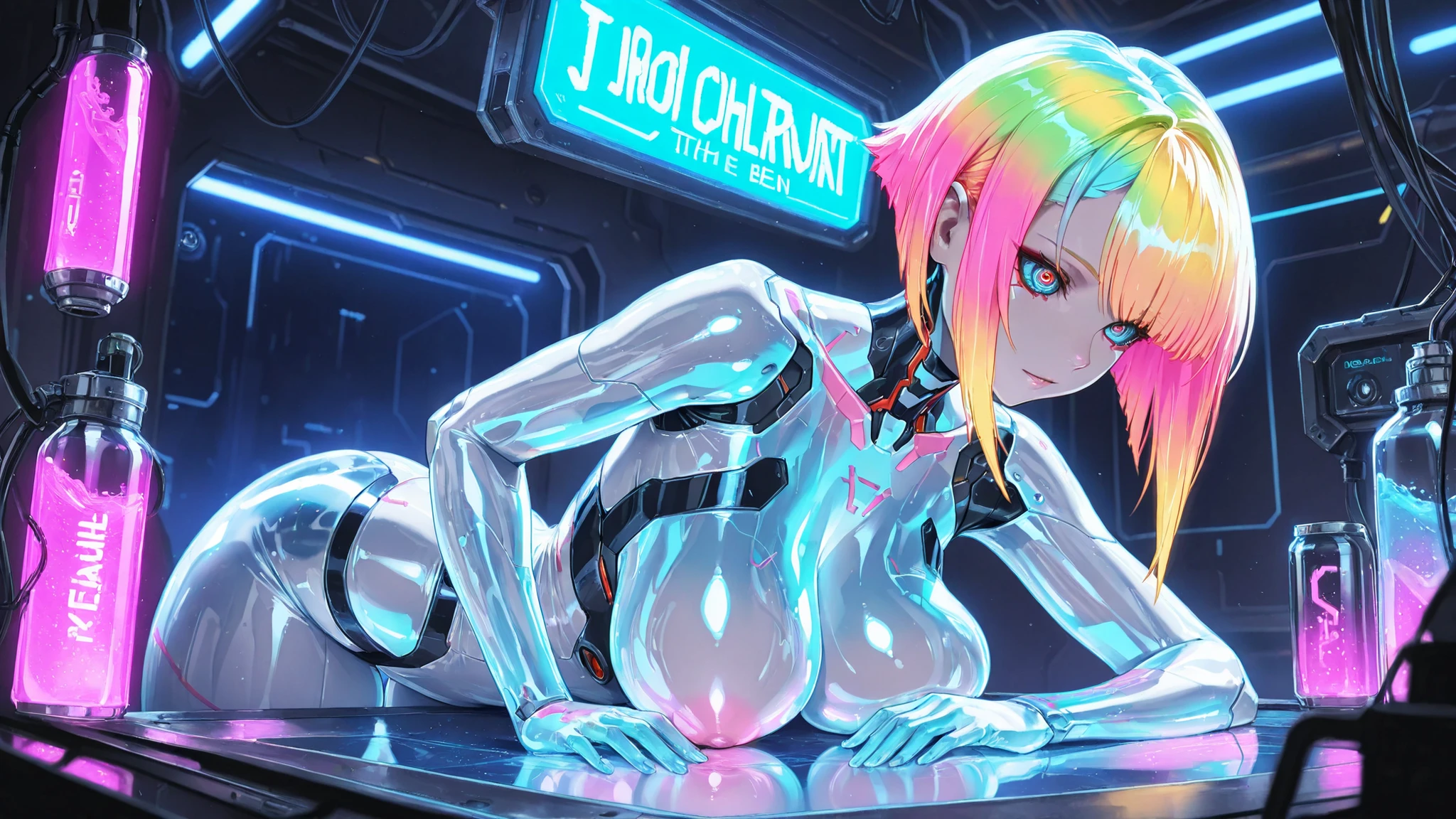 High Quality, masterpiece, ultra high res, Feminine Sexy Android, big boobs, Colorful Hair, Smooth Breasts without Nipples, parting line, Mechanical Eye that emits a faint light, precise mechanical joint, Cyberpunk Design, Translucent Synthetic Skin, Precision Instruments in the Body Can Be Seen Through, Futuristic Laboratory, neon light, Contrast between Cold Metal and Warm Curves, textured metal
