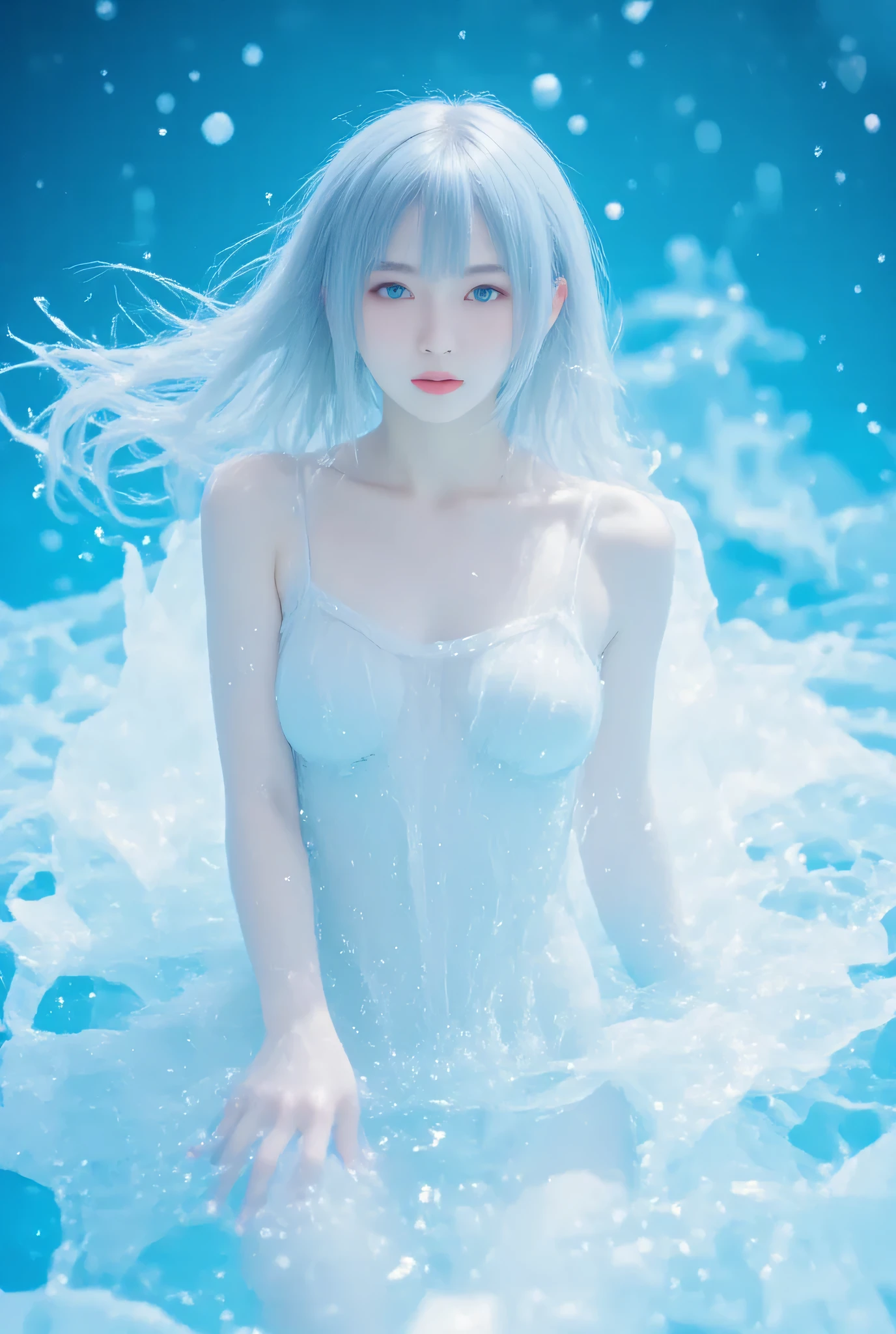 (masterpiece:1.2,excellent quality,Mirror-like,cinematic experience,Stylish colors),,,,,  1girl, Water fairy girl, liquid, dress made of water、 Clear, translucent,  Water Spirit, aqua, flowing water, splashes of water, dynamic water, Water Physics, liquid, Fluid Mechanics, the magic of water, Elemental Being, blue hair, fluttering hair, blue eyes、It doesn't have a nose or mouth、Water Hair, Liquid Hair, Floating, Surfacing , Water Manipulation, Motivation, Shades of blue, Cyan, aqua blue, Turquoise, water effect, splashes fly,  Droplets , water particles, fantasy shot with a Nikon Z7 II mirrorless camera, surreal,  ether, beautiful, graceful, fluid motion, Aquatic life, aquatic being, detailed water rendering, realistic Water Physics, Anime Style,  detailed illustration, masterpiece, Highest Quality, high resolution, Clean Art Style, soft lighting, blue background, aquatic atmosphere
 ,depth of field,  bright image by Pu alone, cinematic lighting, lens flare, Fade Edge Frames, global illumination,