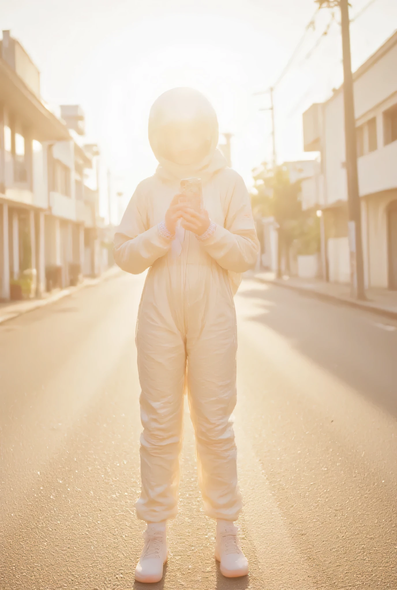Realistic Pictures、((high resolution)), A photo of Earth in a provincial city from the 2000s.. warm, The amber light gently illuminates the destroyed Earth covered with dust. A destroyed Earth with pop colors and a pop shape.、The main character is a Japanese high school girl. She is wearing a space suit with pop colors.、She holds her smartphone in both hands.、Brown curly hair、I'm showing the camera a helmet I'm wearing with lots of small figures、loose socks、A high school girl is showing off her space suit., She holds her smartphone in both hands while shooting a video with her iPhone fixed., around her ,An old woman in a spacesuit watching anxiously from a distance、The Earth was destroyed and thrown into outer space、Dark outer space background、It tells the quiet story of the broken Earth and stars々、It tells the quiet story of.