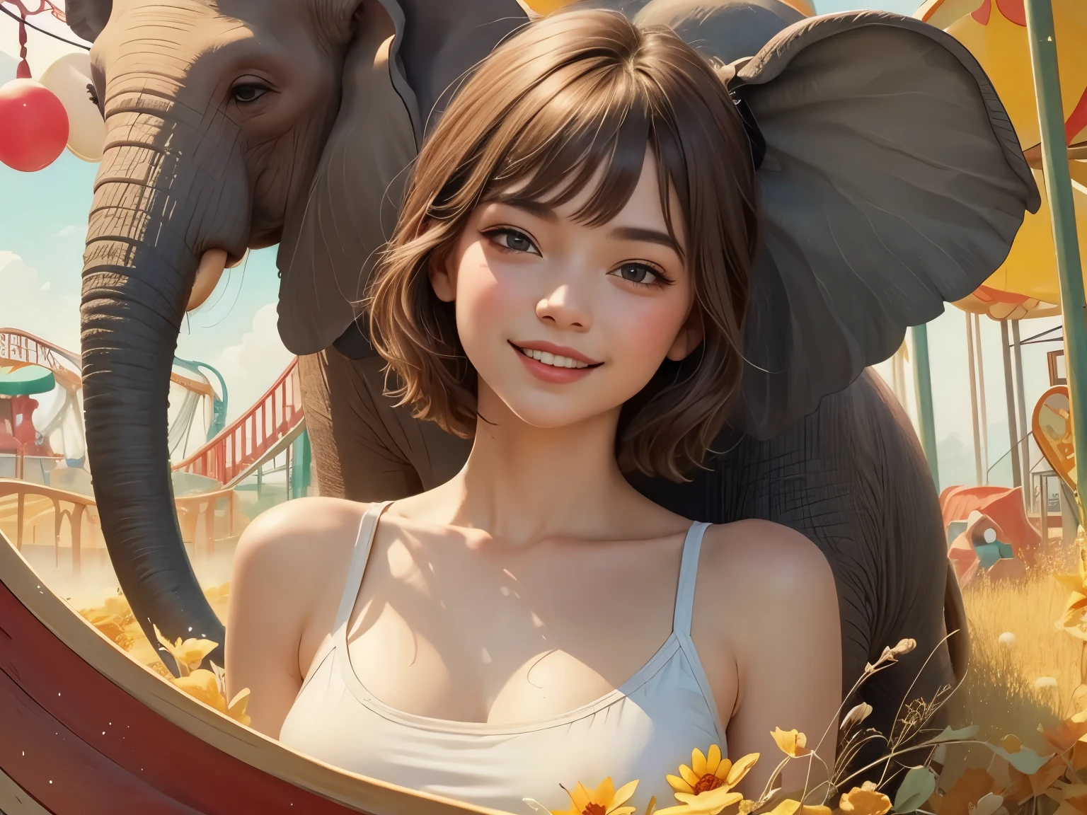 408 ((18 year old woman)),(Amusement Park),(short hair),(Shortcut),(Neat hair),(super high image quality),(Rembrandt Painting),(Archaic smile),2025.09.26,((Old Elephant Slide))), (Parks)