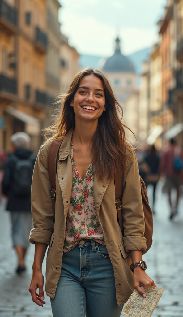 Beautiful smiling woman, light brown skin and medium wavy brown hair, she is in Paris, wearing a high quality red overcoat in front of the eiffel tower. Photo with ultra HD and realistic quality. longeyelashes, solid circle eyes, light smile, ccurate, textured skin, drop shadow, pov, atmospheric perspective, 8k, super detail, best quality, high quality, super details. brown hair, hair over shoulder, wavy hair, hair spread out, smile, light smile, grin, smiley, cinematic lighting, drop shadow, atmospheric perspective, Realism, En plein air, 16k, highres, best quality, high quality, textured skin, accurate, UHD, super detail, high details