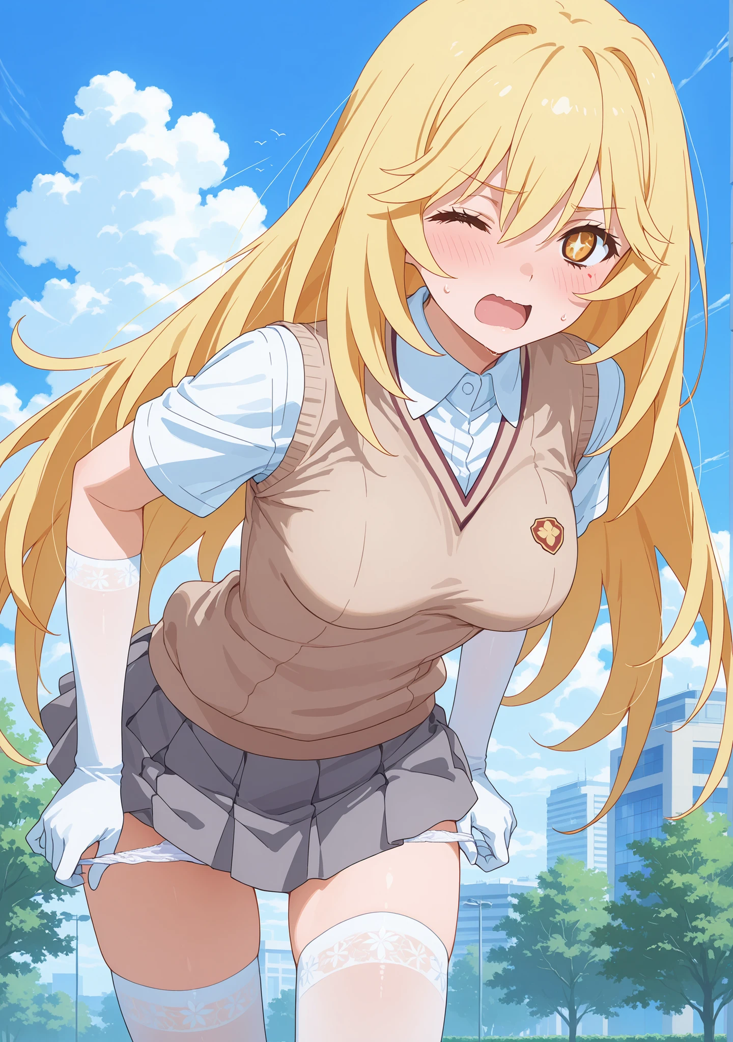 medium breasts、(((shokuhou misaki)))、arm gloves、white gloves、white thighhighs、standing、(leaning forward:1.3)、(face focus)、open mouth、screming、half open eye、one eye closed、from front、embarrassed、white shirt、short sleeves、sweater vest、tokiwadai school uniform、grey skirt、mini skirt、outdoor、park、blue sky、undressing panties、white panties