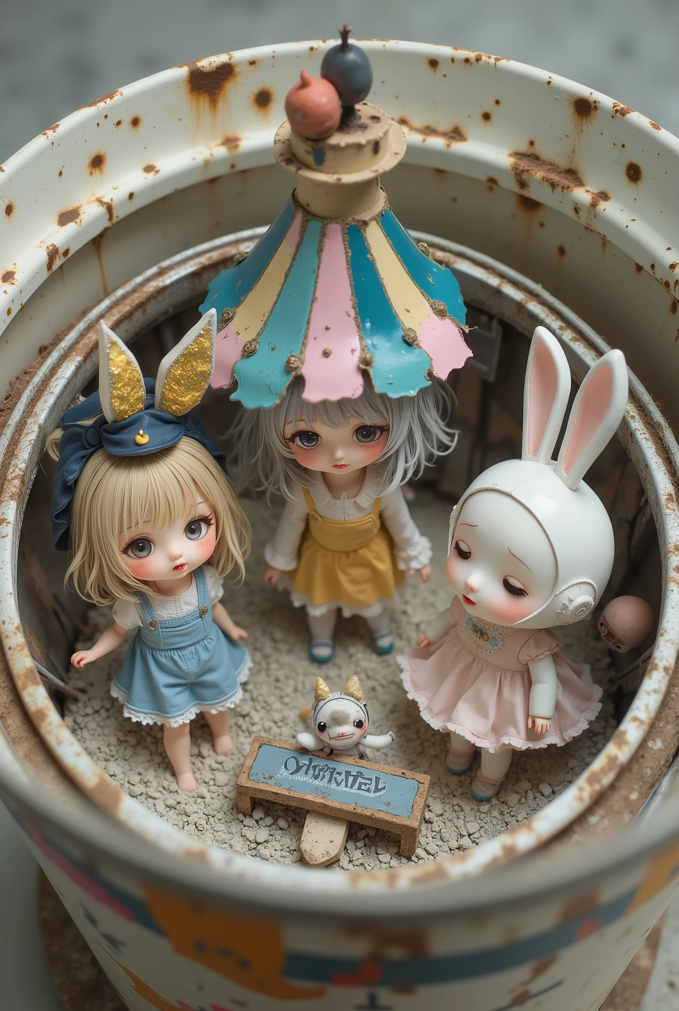 chibi anime style, super-deformed, kawaii core, cute horror, miniature abandoned amusement park, inside a rusty can, tiny chibi dolls dancing, crooked smiles, broken carousel, sad chibi plush bunny, sparking robot arm, glitching hologram, soft glowing light, macro photography, pastel colors, detailed, 8k, adorable melancholy
