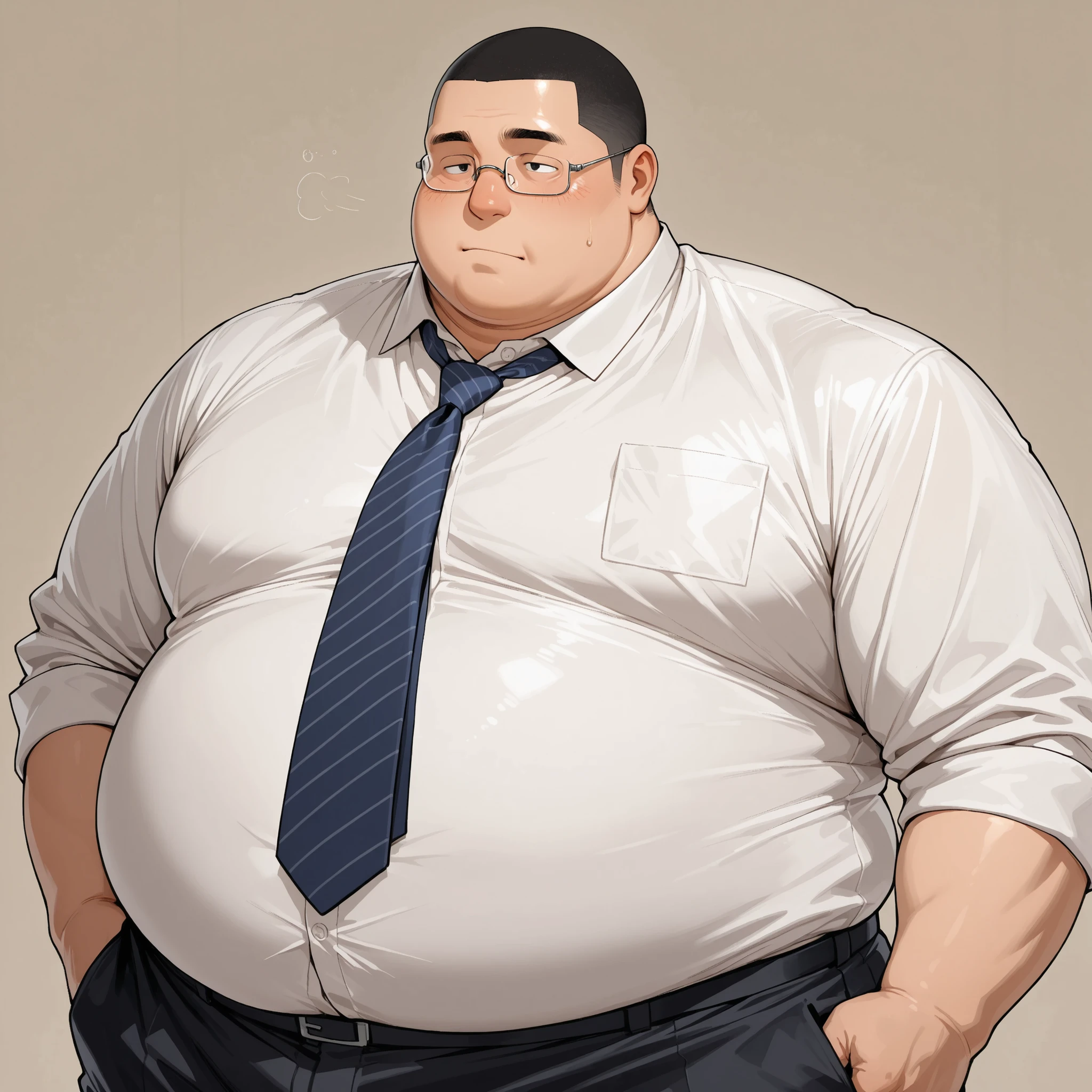 obese guy,Japanese,age fifties,black buzz cut,dress shirt,navy blue tie,black pants,square glasses,solo,face up