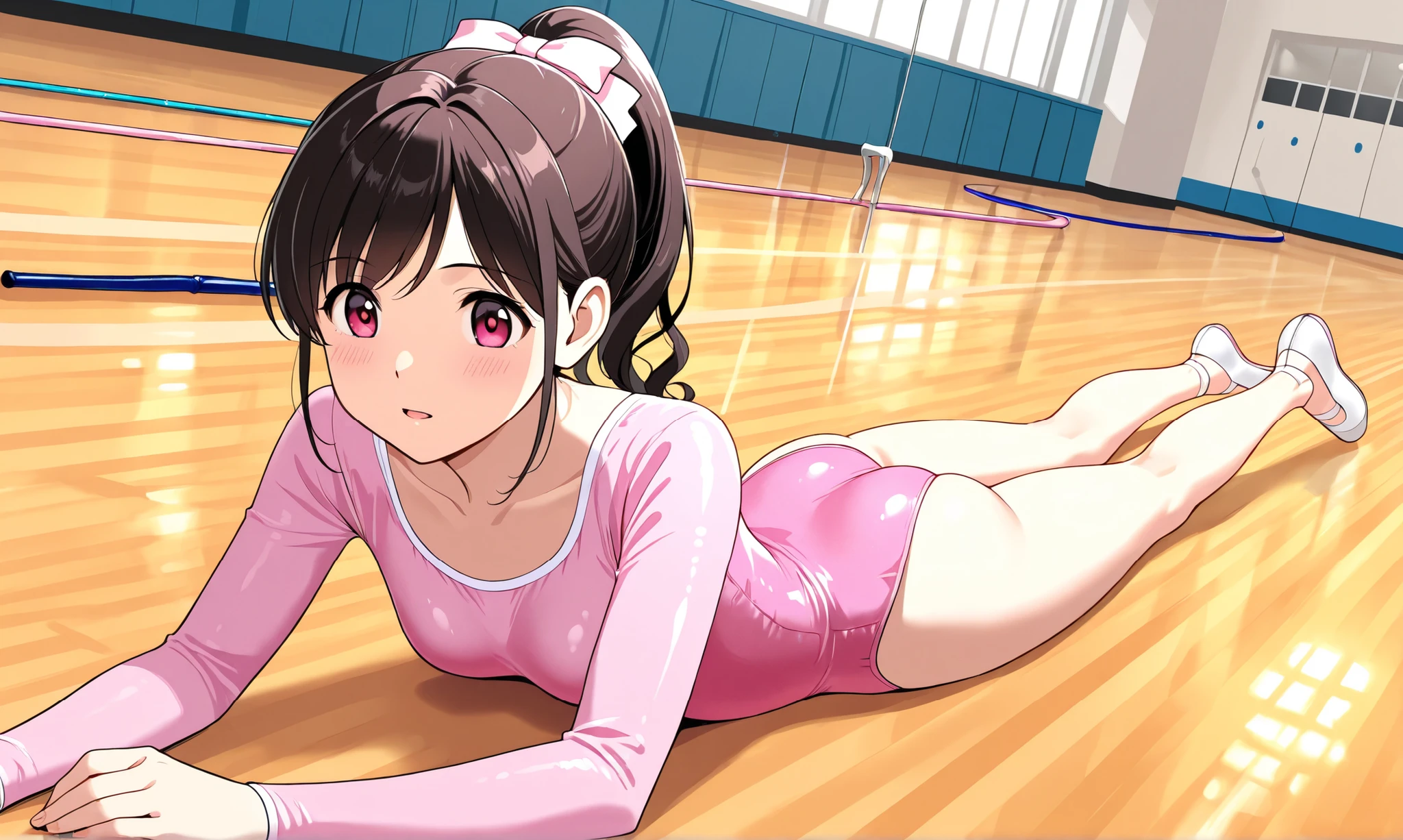 1 girl under school uniform　Lolita　pink leotard　Long Sleeve Leotard　Rhythmic gymnastics　ponytail from the front　 in practice　Ballet Shoes　gymnasium,  prone, on stomach,