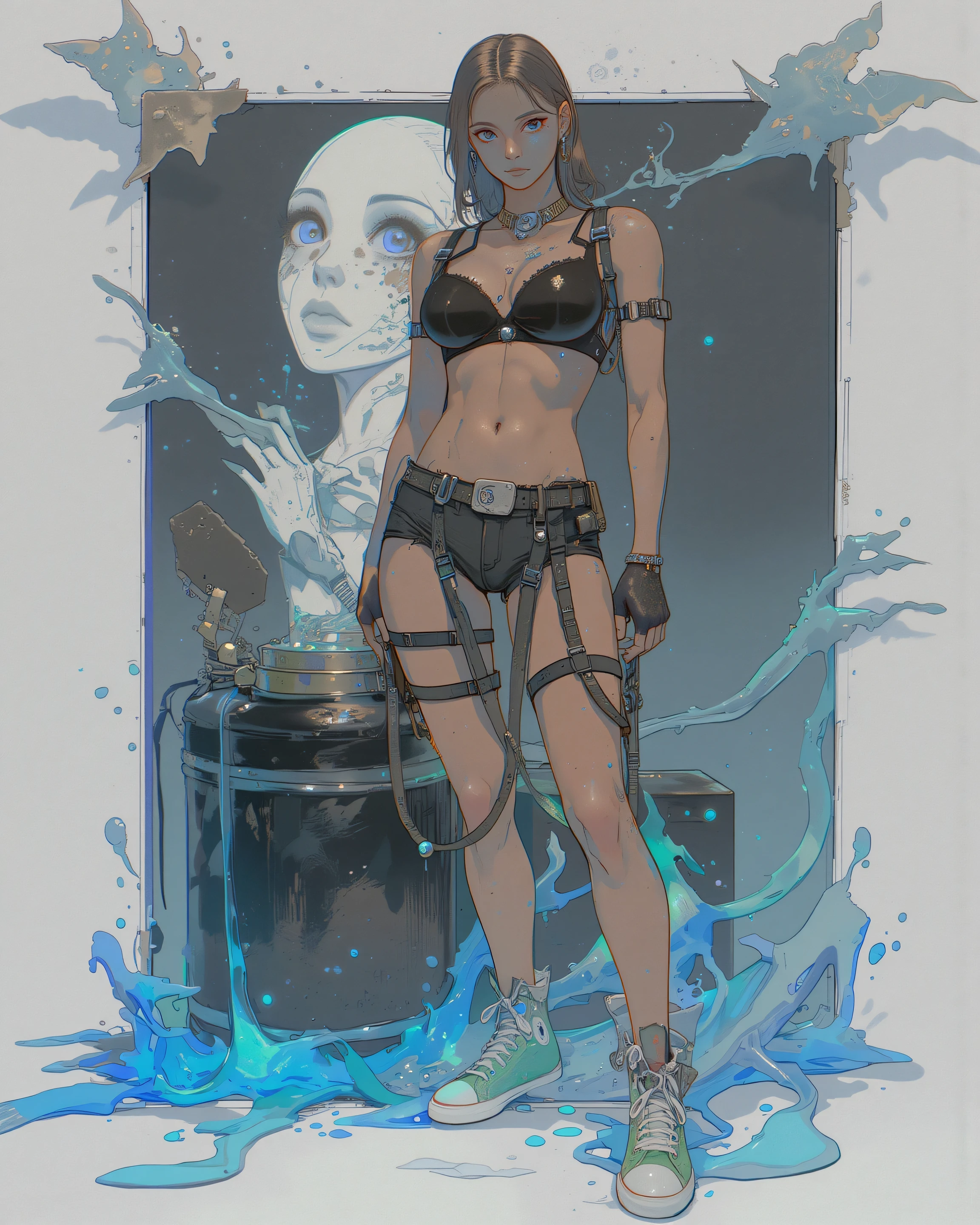 f3tishl1ngerie,f3tishl1ngerie, black bra, black thong, black garter belt,,,woman,sexy harnesses, black cut off shorts, converse sneakers,illustration,gradient,spot color,blue,green.