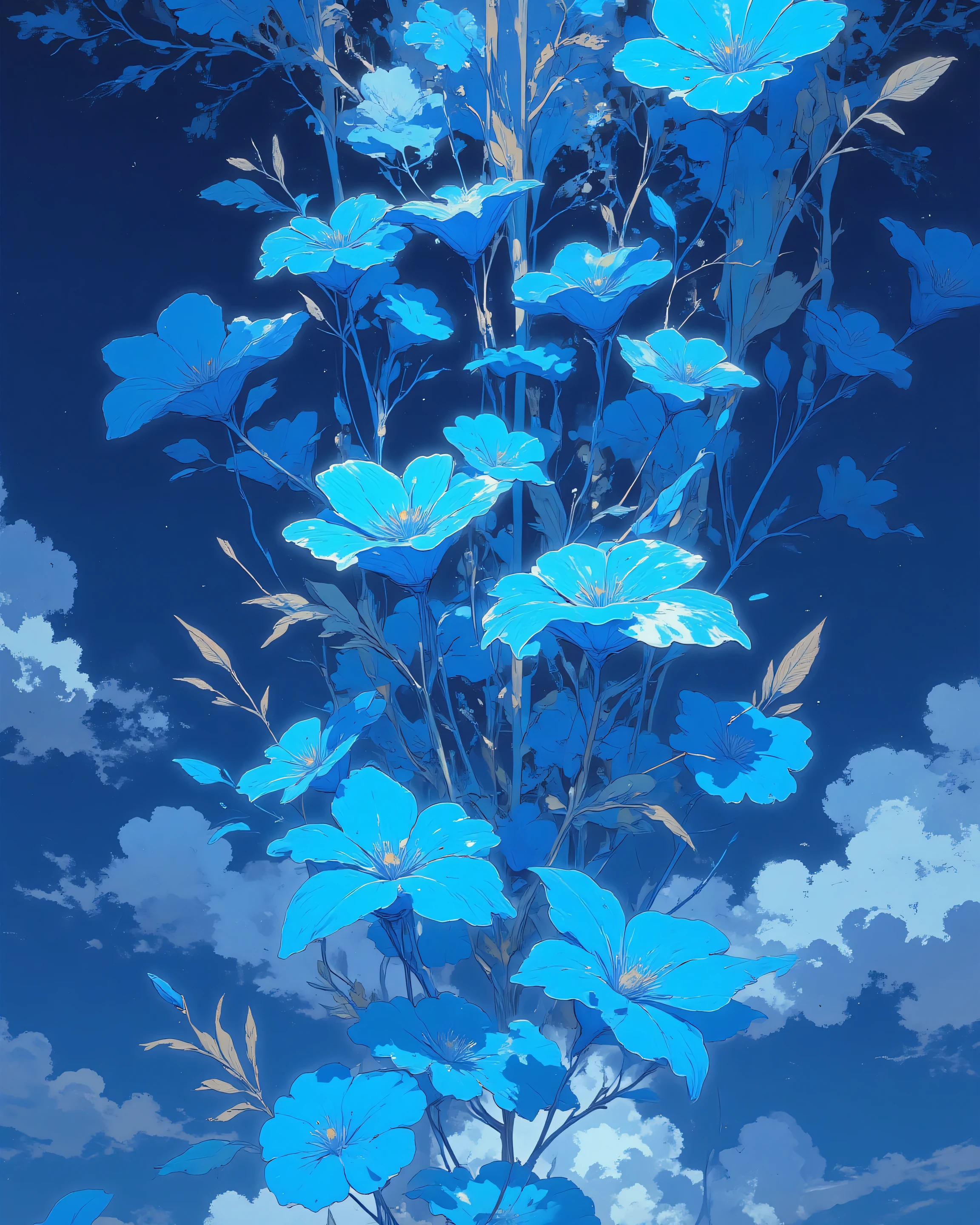 blue flowers falling from the sky. close up