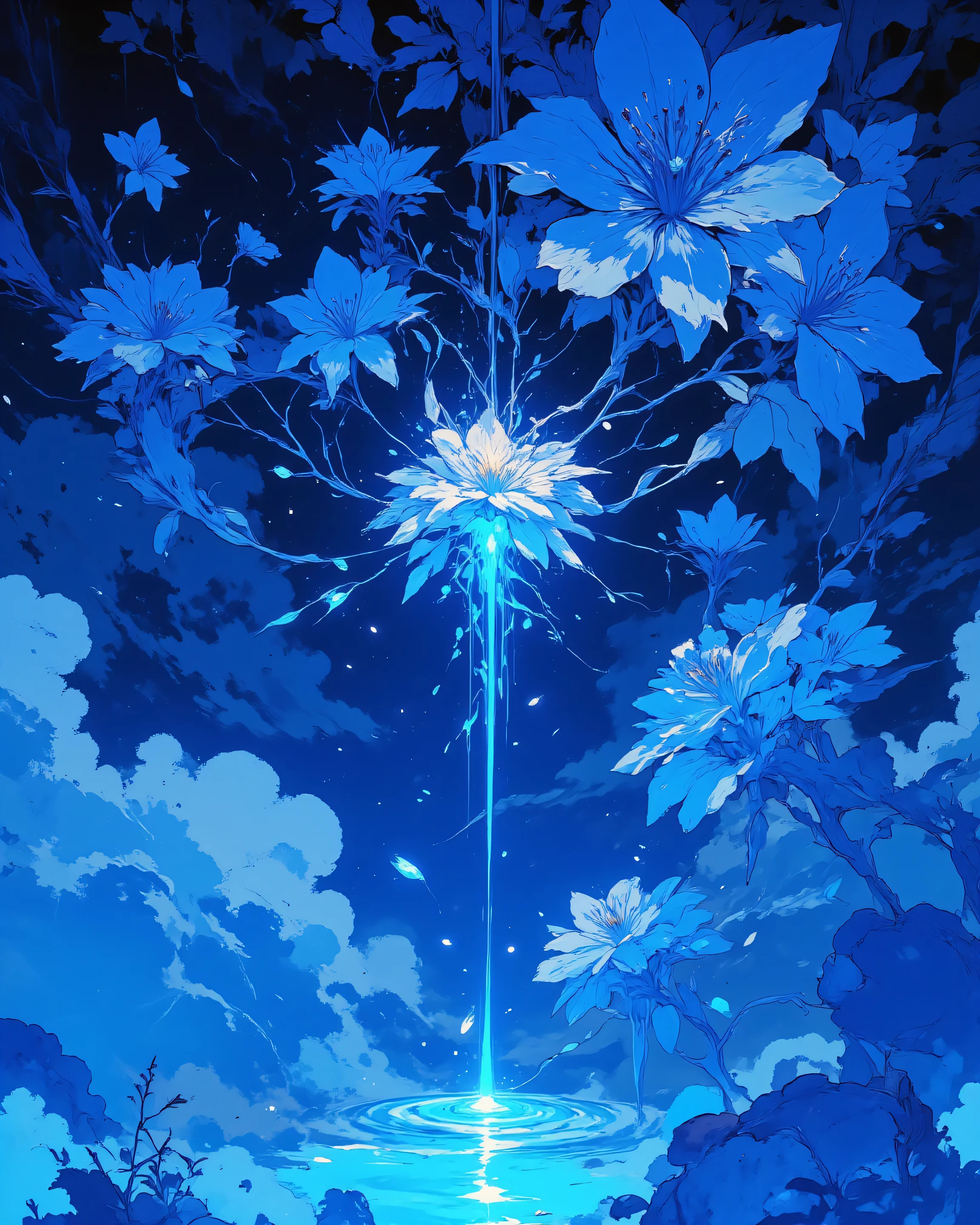 blue flowers falling from the sky. close up