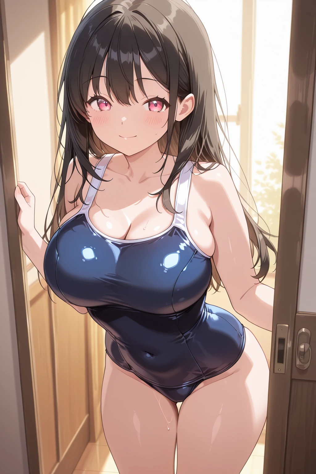 high resolution、Ultra HD、Best Quality、Top quality、Extremely detailed image quality、Realistic woman、A big smile、open mouth, (1girl:1.8)、(looking straight:1.8), Japanese、Peaceful face、45-year-old woman、Married Woman、Plump body、belly button、Black Hair、long、Shiny skin、Skin that is very shiny after applying oil、High gloss skin、Facing forward、The whole body is reflected、(The road in front of the house, in front of the door:1.6)、 standing、Woman wearing(one-piece swimsuit:1.5), (High leg swimsuit:1.2), High leg panties, (Bursting huge breasts、Valley、Shiny skin、radiant skin、Glowing Skin、High gloss skin:1.4)、(school bag:1.8), 