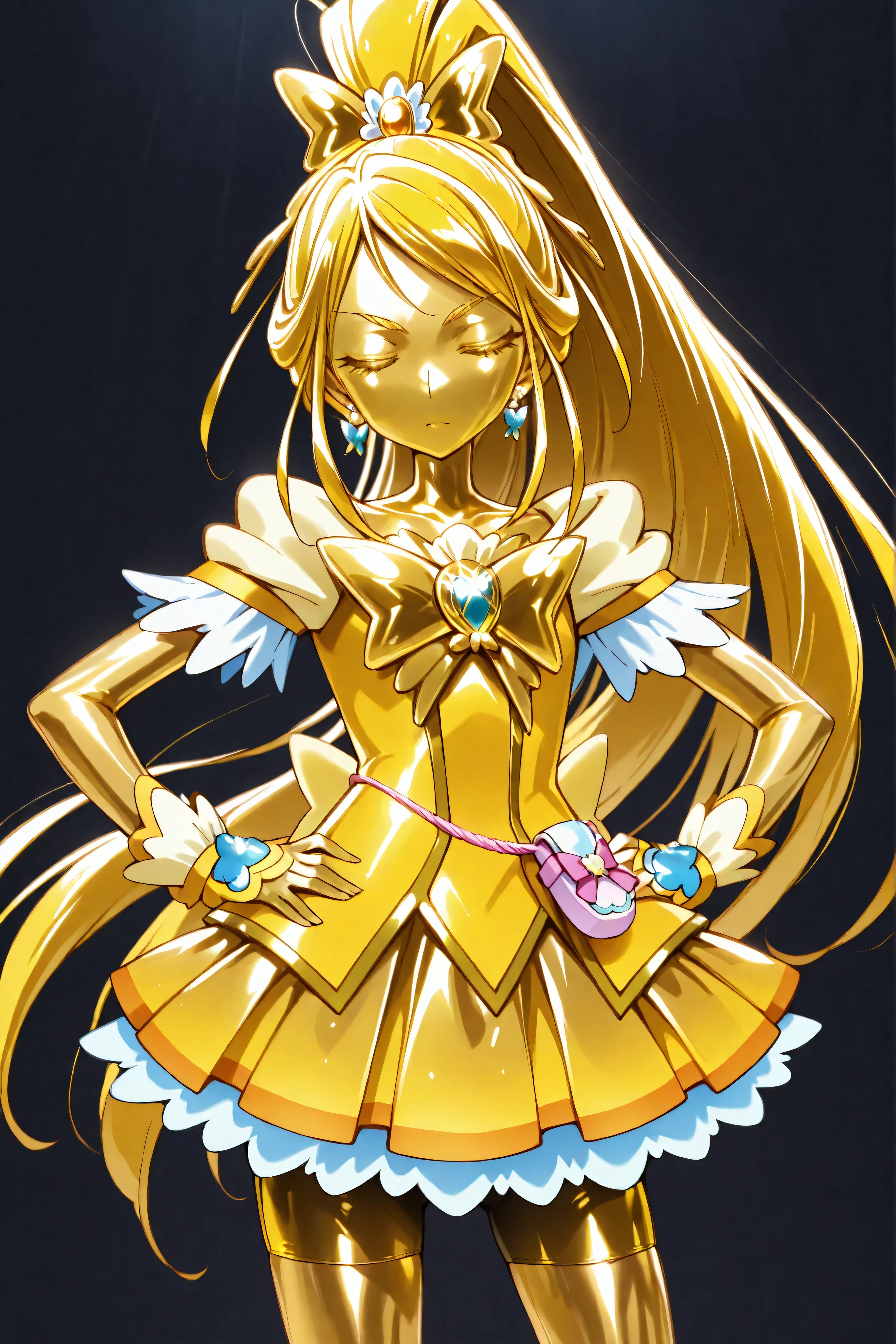 Cure Aqua, masterpiece, Highest Quality, Newest, very high resolution, closed eyes, gold髪, yellow sclera, closed mouth, no student , Yellow skin, shiny skin, gold属の肌, Black eyebrows, Drooping eyebrows, 1girl, solo, cowboy shot, standing, dynamic, watch viewers, I'm sleeping, serious expressions, Black Background, Place your hands on her hips , wide ponytail from the front, gold_Butterfly Brooch , gold_shorts with back of head, gold_butterfly hair ornaments, long hair, gold_shorts with back of head, ponytail from the front, Magical Girl, gold_skirt, bike shorts with back of head, gold_shorts with back of head under skirt, hair ornaments, gold_gem, high ponytail from the front, Metallic Outfit