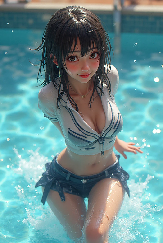 realistically, 1 girl, ponytail, brown eyes, glowing eyes, white short skirt, Blush, daytime, sun light, Strapless, Wet from the rain, Seethrough, Sit with your knees raised., , ,  , armpit, six pack,