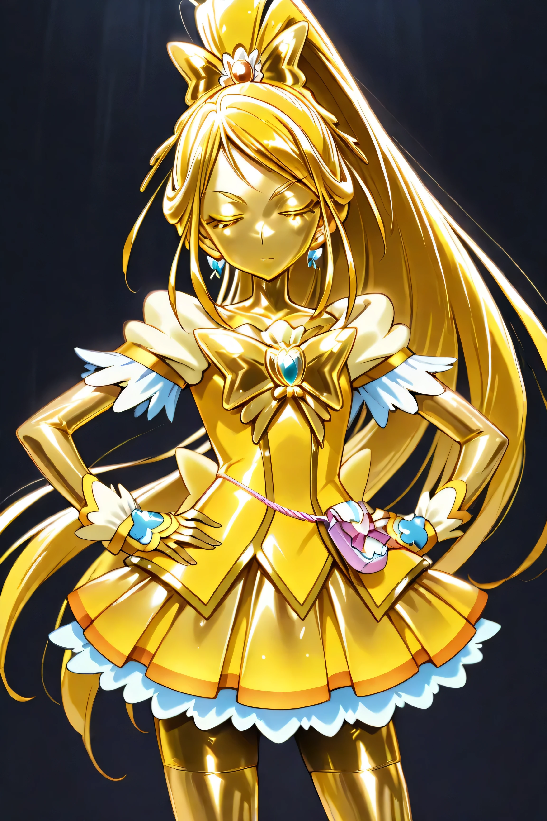 Cure Aqua, masterpiece, best quality, Newest, very high resolution, closed eyes, yellow hair, yellow sclera, closed mouth, No students, Yellow skin, SHINY SKIN, metal skin, Black eyebrows, Hanging eyebrows, 1girl, solo, cowboy shot, standing, Dynamic, watching viewers, sleeping, Serious Expressions, black background, Hands on Her Hips, wide ponytail, Gold_butterfly brooch , Gold_shorts, Gold_butterfly hair ornament, long hair, Gold_shorts, ponytail, Magical Girl, Gold_skirt, bike shorts, Gold_shorts under skirt, hair ornament, Gold_gem, high ponytail, metallic outfit