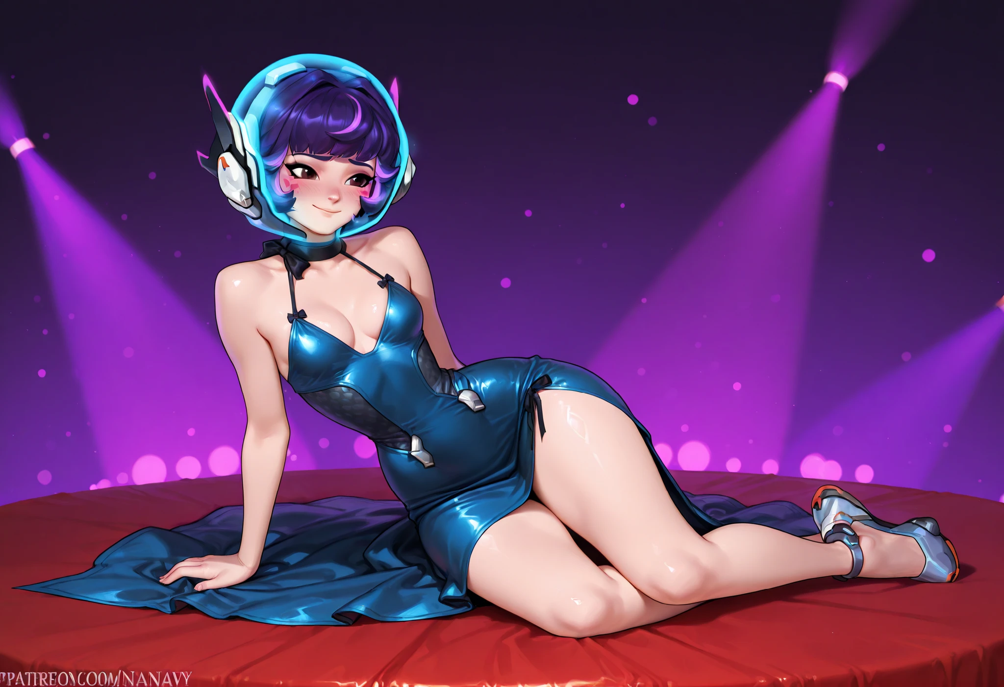 Juno from Overwatch, purple hair, embarrassed, smile, wearing a formal and elegant dress, long navy blue elegant dress, in a party room, big cleavage, sexy dress, provocative dress, small breasts, small waist, medium hips, perfect body, sexually attractive body, dynamic pose, full body