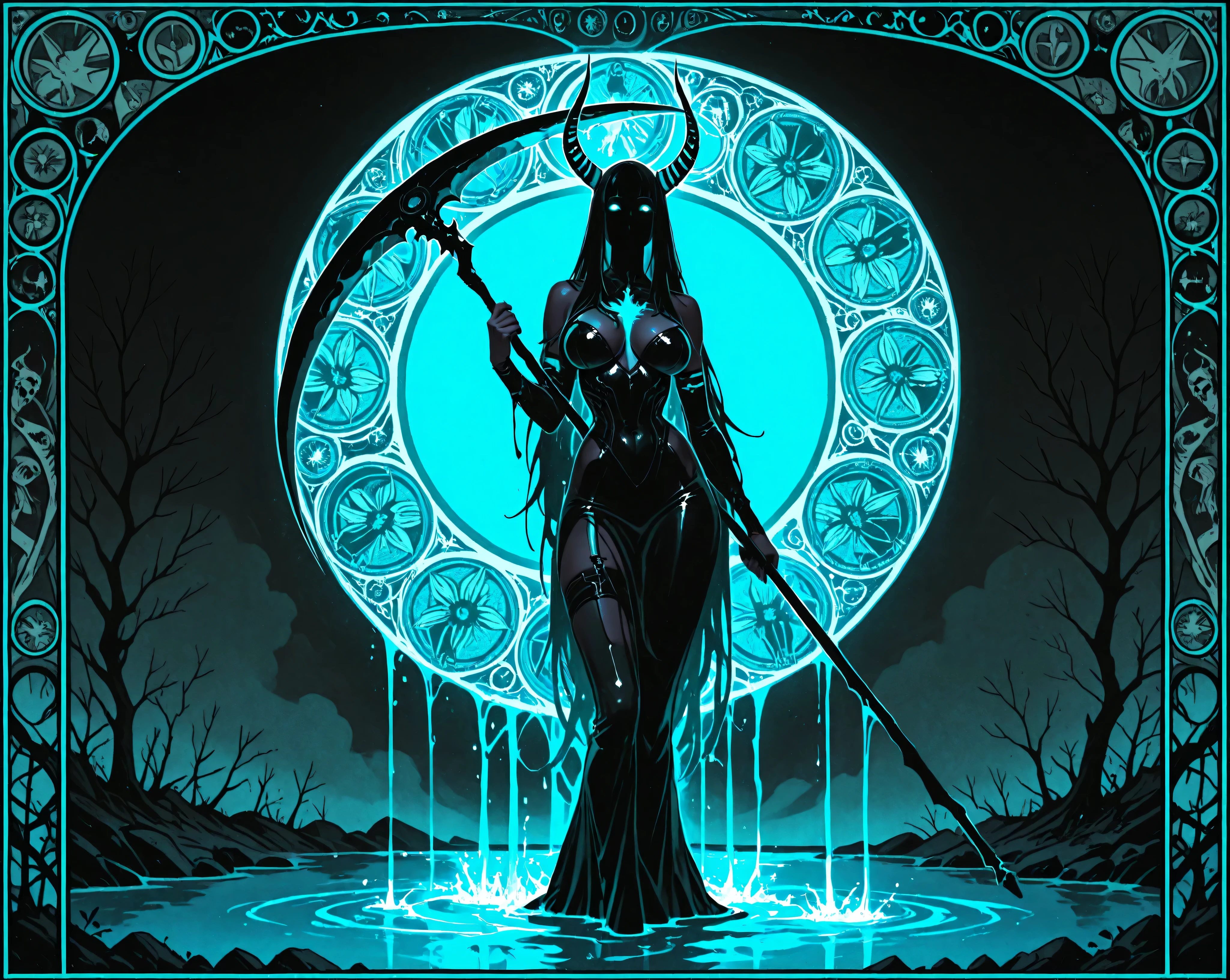 (limited palette:neon blue and violet ),sexy zombie, black woman, Scythe in hand, devil horns \(large\), highly detailed,returning from the dead, glowing eyes, light flowing in and out of her body, flowing glowing water, metal,, art nouveau