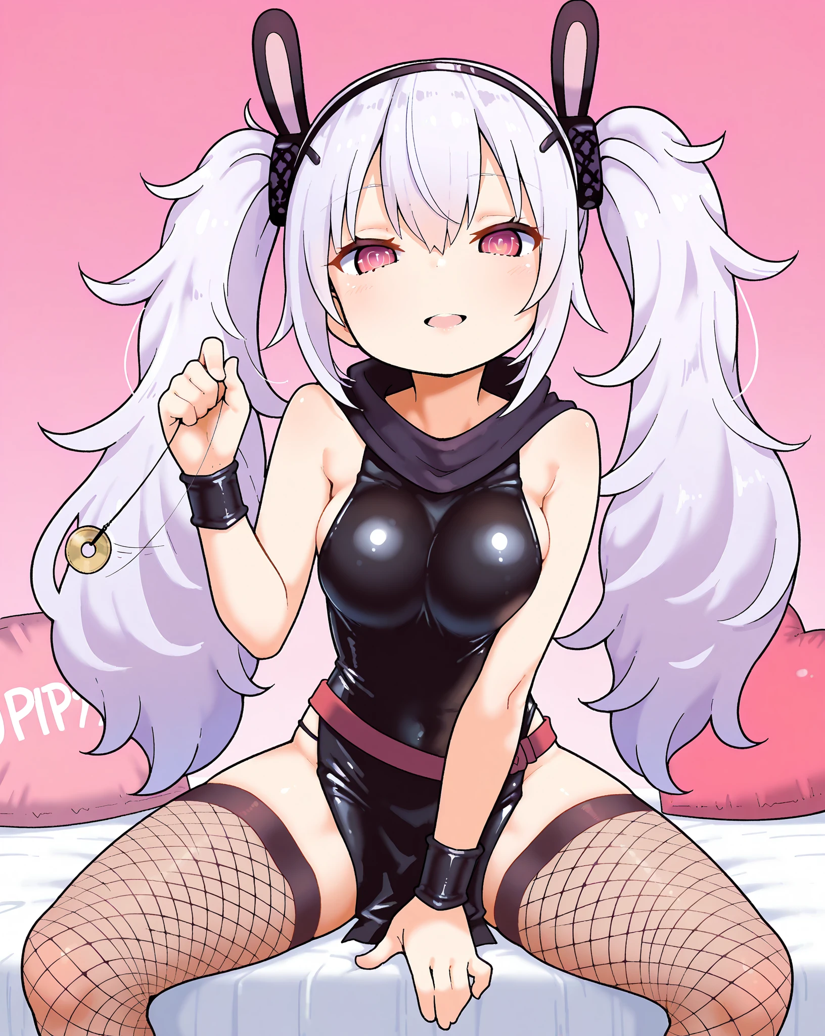 masterpiece, best quality, <break> solo, 1girl, z4ni, blush, embarrassed, looking at viewer, squatting, spread legs, arms behind head, stripper pole, long hair, multicolored hair, grey hair, hair between eyes, goat horns, demon horns, red eyes, cosplay, rabbit hole \(vocaloid\), playboy bunny, black leotard, detached collar, pink bowtie, pink necktie, fishnet pantyhose, high heels, cleavage, large breasts, simple background, pink background
<segment:yolo-Anzhc Face seg 640 v2 y8n.pt,0.4,0.5//cid=1>
