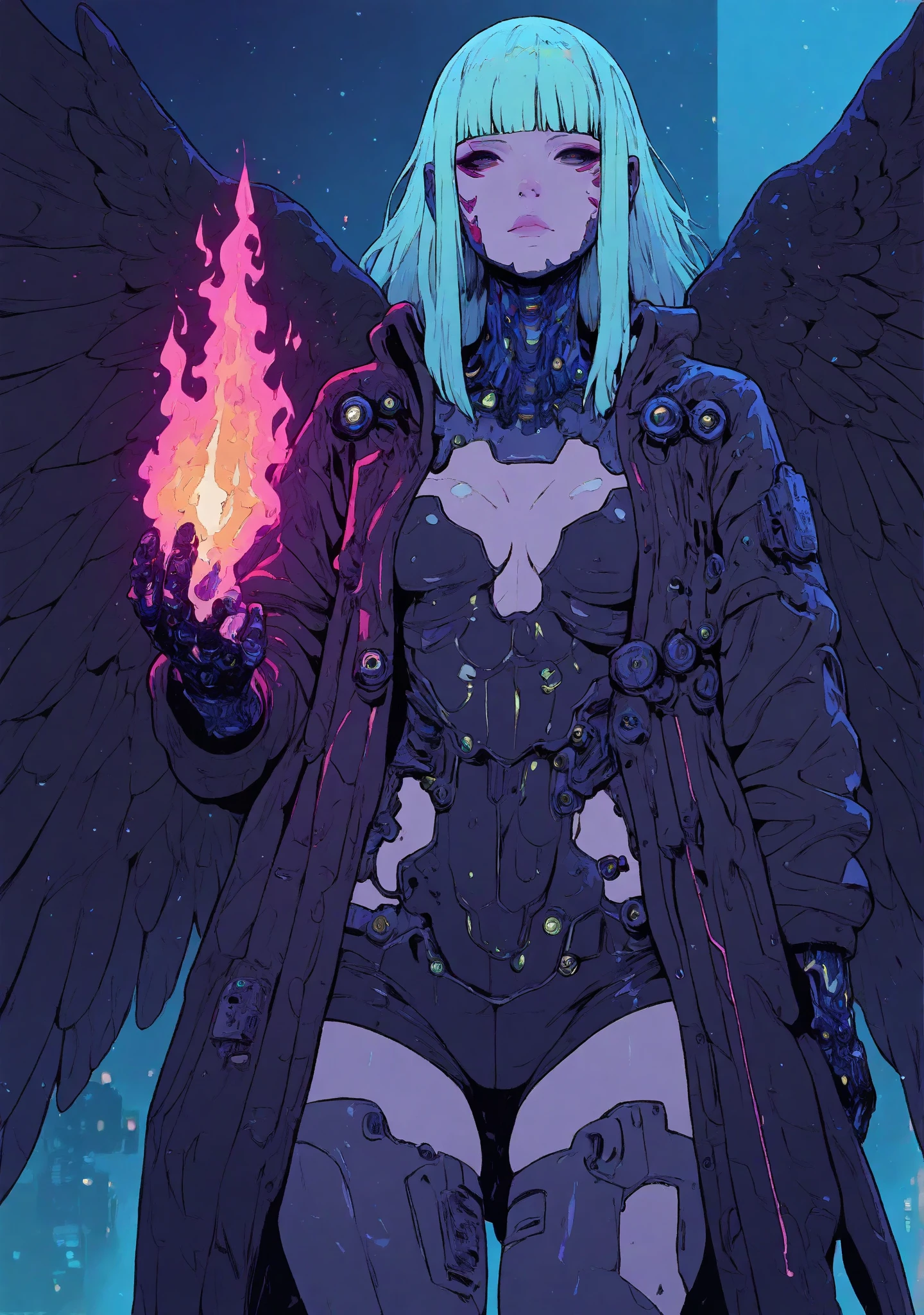 <lora:ck-shadow-circuit-IL-000012:1>, in the style of cksc, 1girl, a cyberpunk angel, looking at viewer, translucent sexy clothing, large black wings, glass wings, holding flame sword
masterpiece,best quality,amazing quality