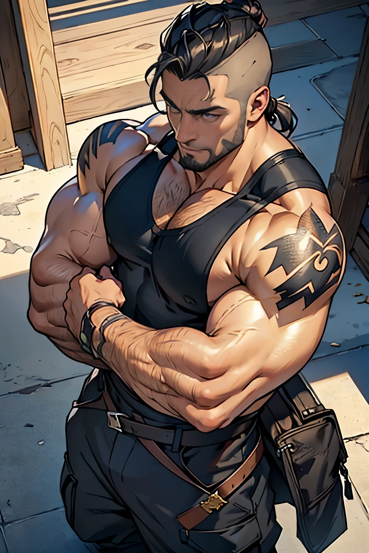 ((Best quality)), ((masterpiece)), ((realistic cartoon)), ((perfect character)):
In this stunning and highly detailed realistic cartoon, we present a male human. The man stands tall, a middle-aged man, stoic face, and he's a psyker and doctor, and powerfully built, he has tan skin, strong board shoulder, muscular body, bear mode physique, and shaved hair and purple eyes, wore a black tank top, oleaf cargo pant, black boots, a cut scar on his left cheek, and he had fair skin
Every element of this masterpiece is carefully designed to create a sense of realism and immersion. The intricacies of the man's clothing, the mesmerizing effects of the area around him and he was in the palace hall, and the level of detail in his weathered face all contribute to a captivating visual experience. This artwork is presented in stunning UHD resolution, allowing you to appreciate every nuance and intricacy in breathtaking detail.
Eye level, scenic, masterpiece.